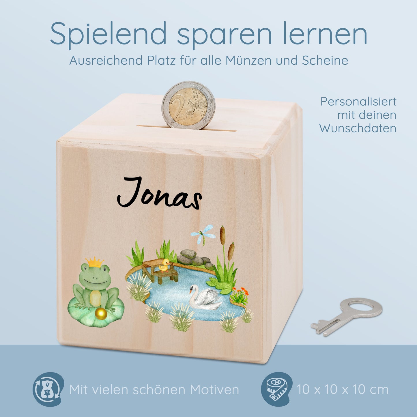 Kinder Spardose personalisiert, Spardose Junge, Spardose Frosch, Spardose Holz, Spardose mit Name, Spardose Baby