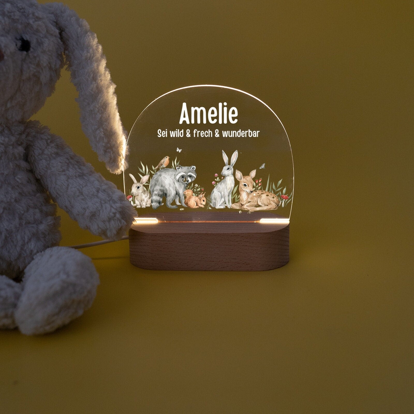 Personalisierbares Nachtlicht für Babys und Kinder mit süßen Kindermotiven. Hergestellt aus hochwertigem Acrylglas und Buchenholz. Perfekt als Nachtlampe, Nachttischlampe oder Stilllicht. Anpassbare Basisoptionen für Akku- oder Kabelbetrieb.