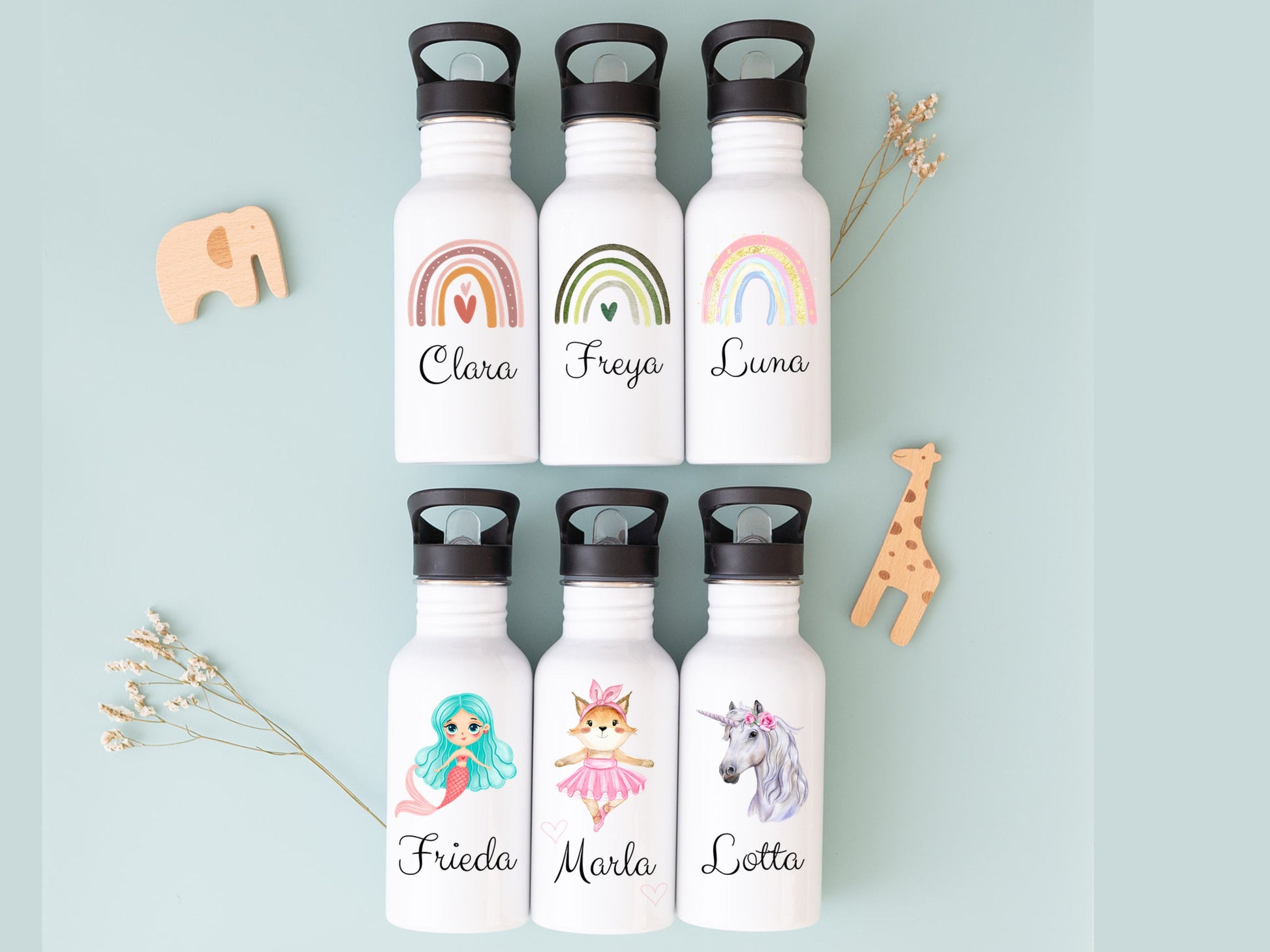 Trinkflasche personalisiert Kinder, Trinkflasche Mädchen, Trinkflasche Regenbogen, Trinkflasche Strohhalm, Kindergarten, Schulanfang