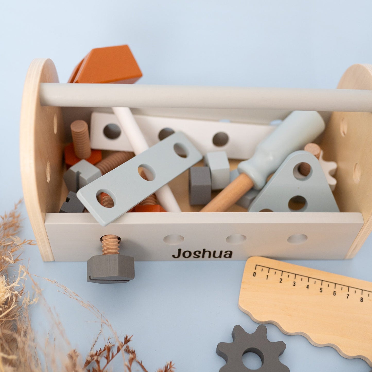 Werkzeugkoffer für Kinder,Werkzeugkoffer Holz, Werkzeugkiste mit Name, Holzspielzeug Junge, Taufe Geschenk Junge, Geburtstag Junge