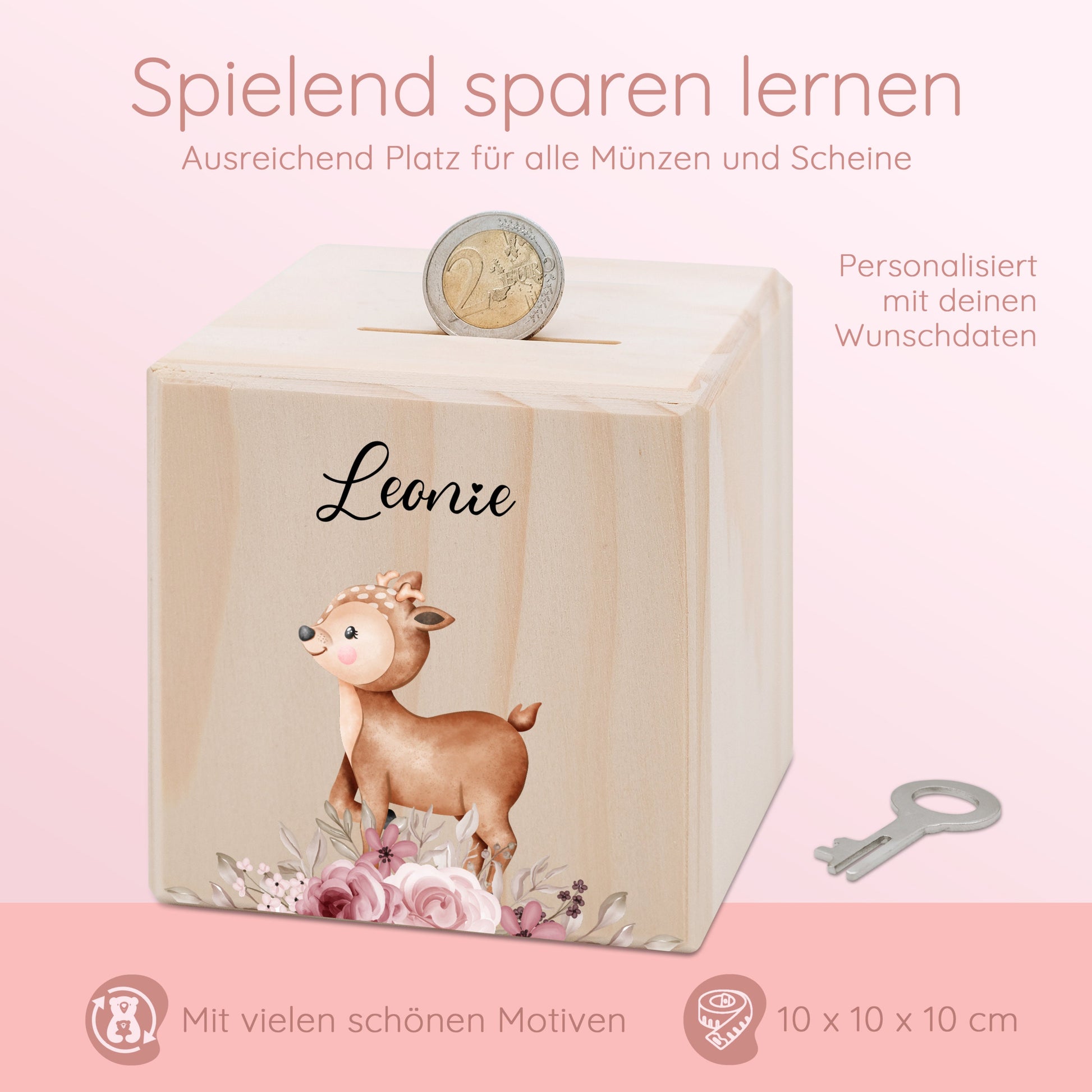 Taufe Spardose, Geschenke zur Geburt, Spardose personalisiert, Spardose Reh, Spardose Holz, Spardose Baby, Taufgeschenk Mädchen