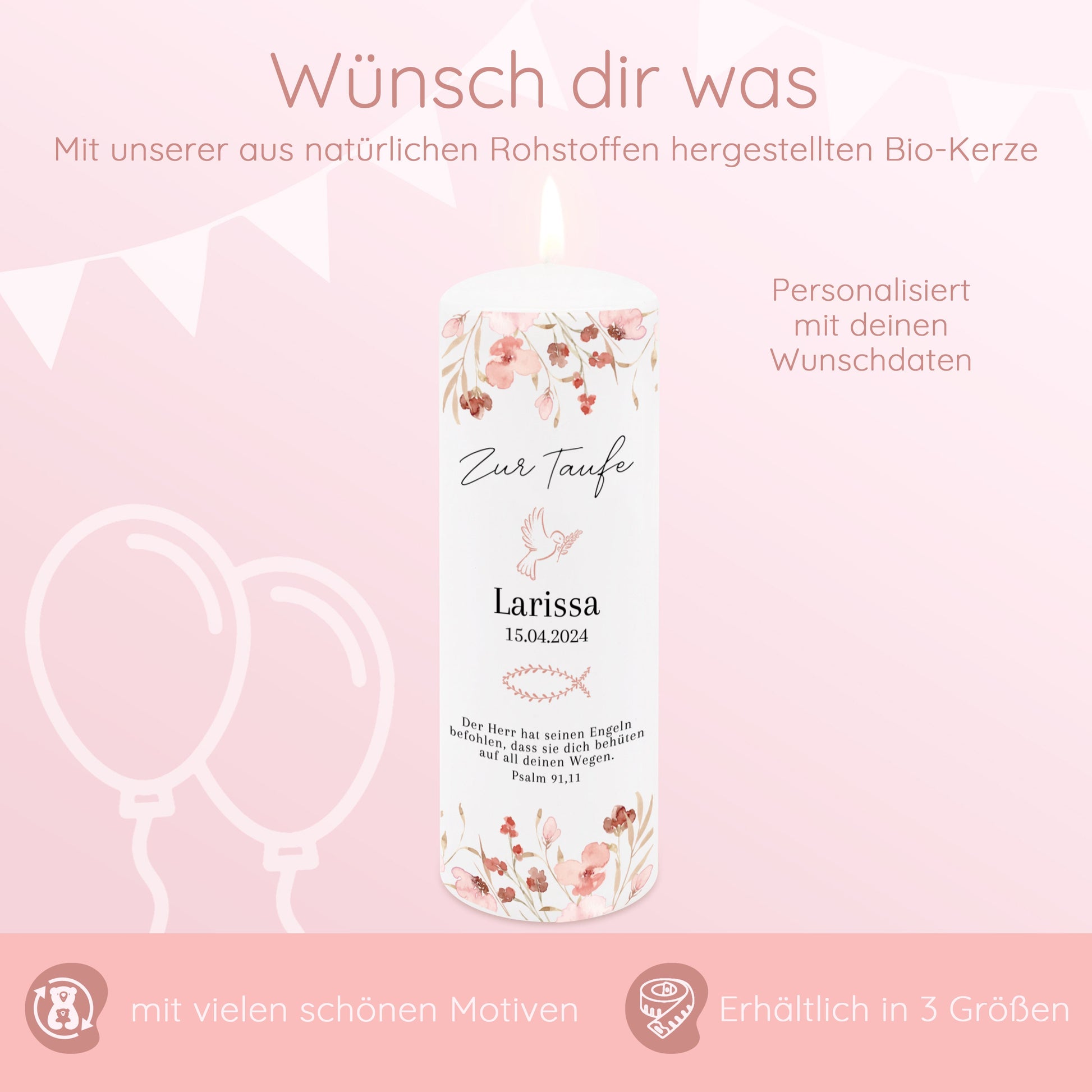 Taufkerze, Zur Taufe Mädchen, Taufkerze Mädchen, Geschenke zur Taufe, Taufgeschenke, Taufe, Patenkerze, Taufkerze Blumen, Psalm