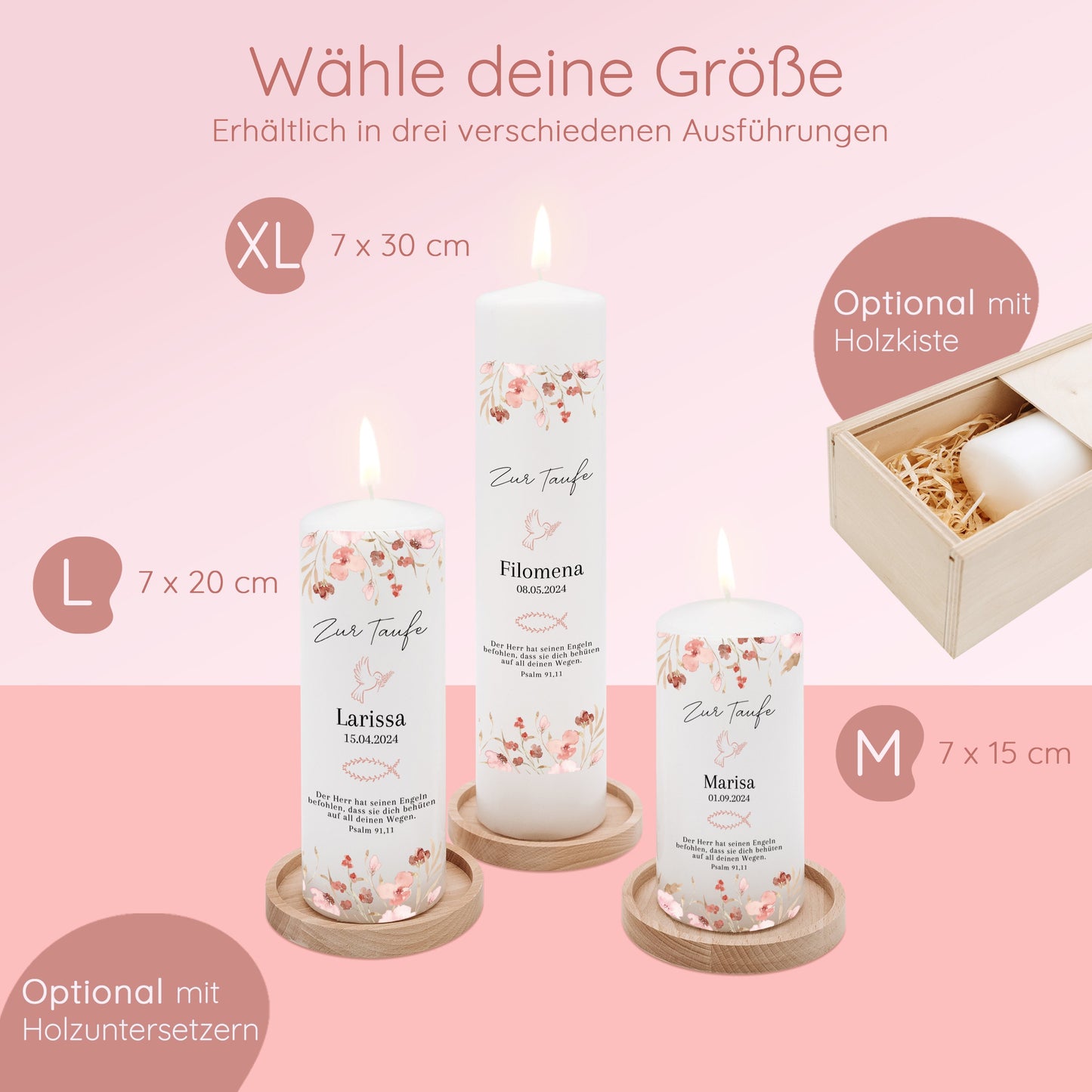 Taufkerze, Zur Taufe Mädchen, Taufkerze Mädchen, Geschenke zur Taufe, Taufgeschenke, Taufe, Patenkerze, Taufkerze Blumen, Psalm