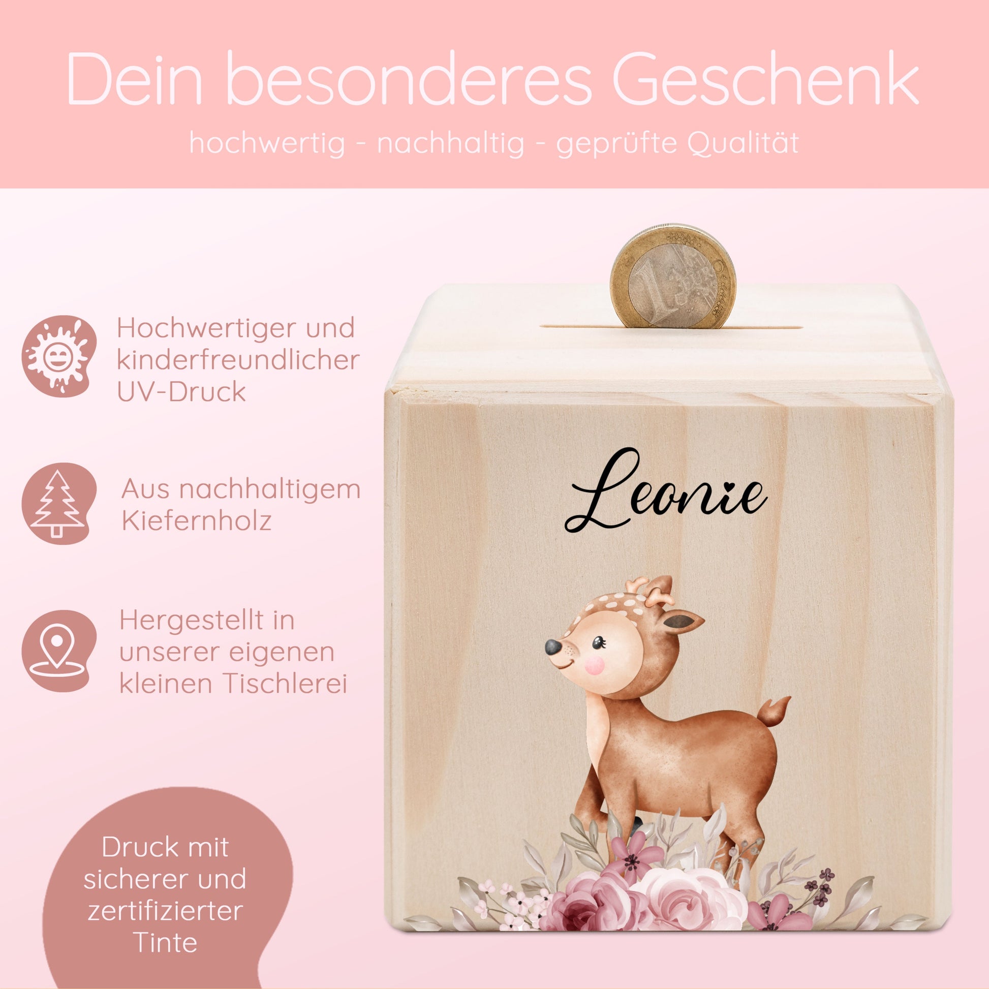 Taufe Spardose, Geschenke zur Geburt, Spardose personalisiert, Spardose Reh, Spardose Holz, Spardose Baby, Taufgeschenk Mädchen