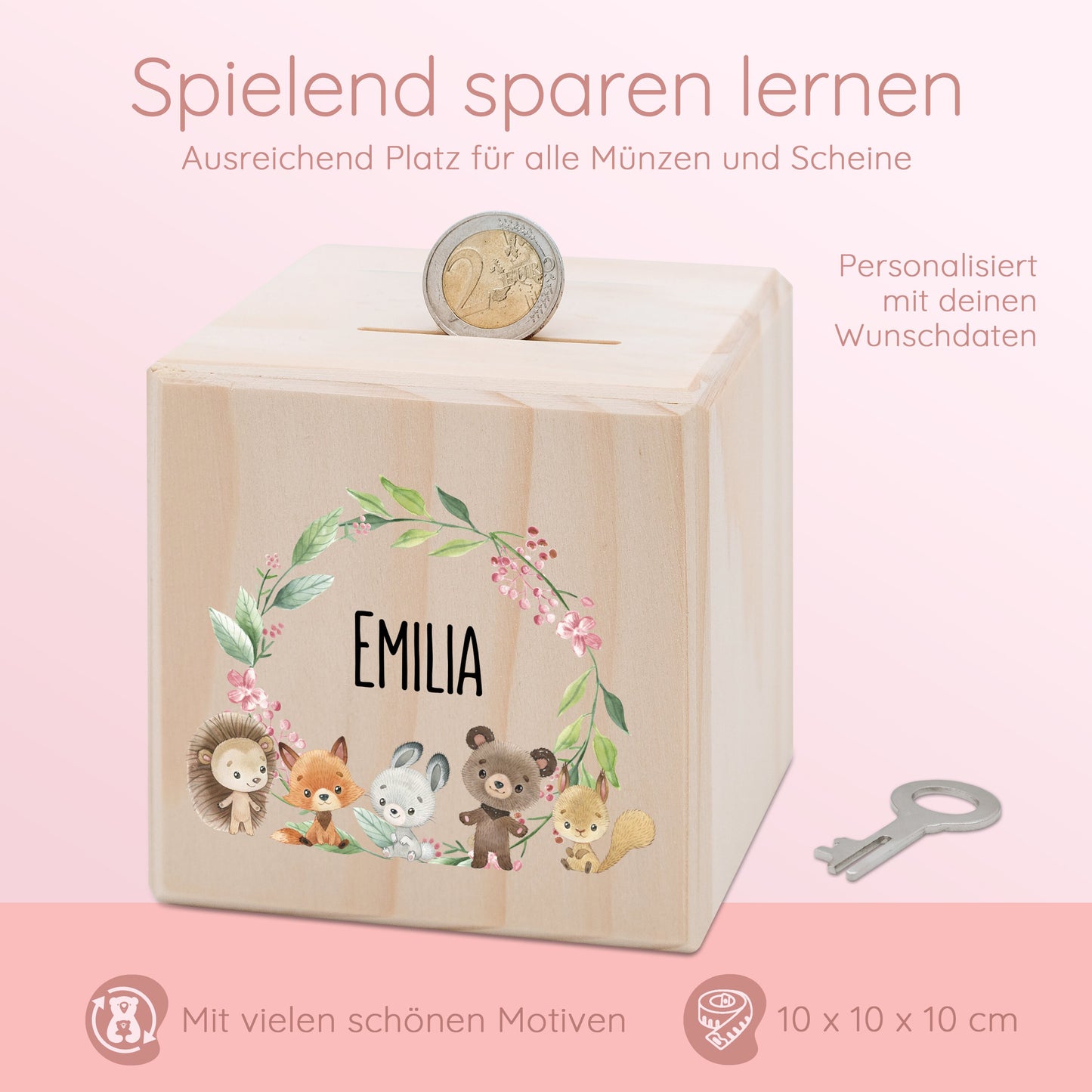 Spardose, Spardose Holz Mädchen, Babyspardose Mädchen, Spardose Tiere, Kindergeschenk Mädchen, Babyzimmer Mädchen