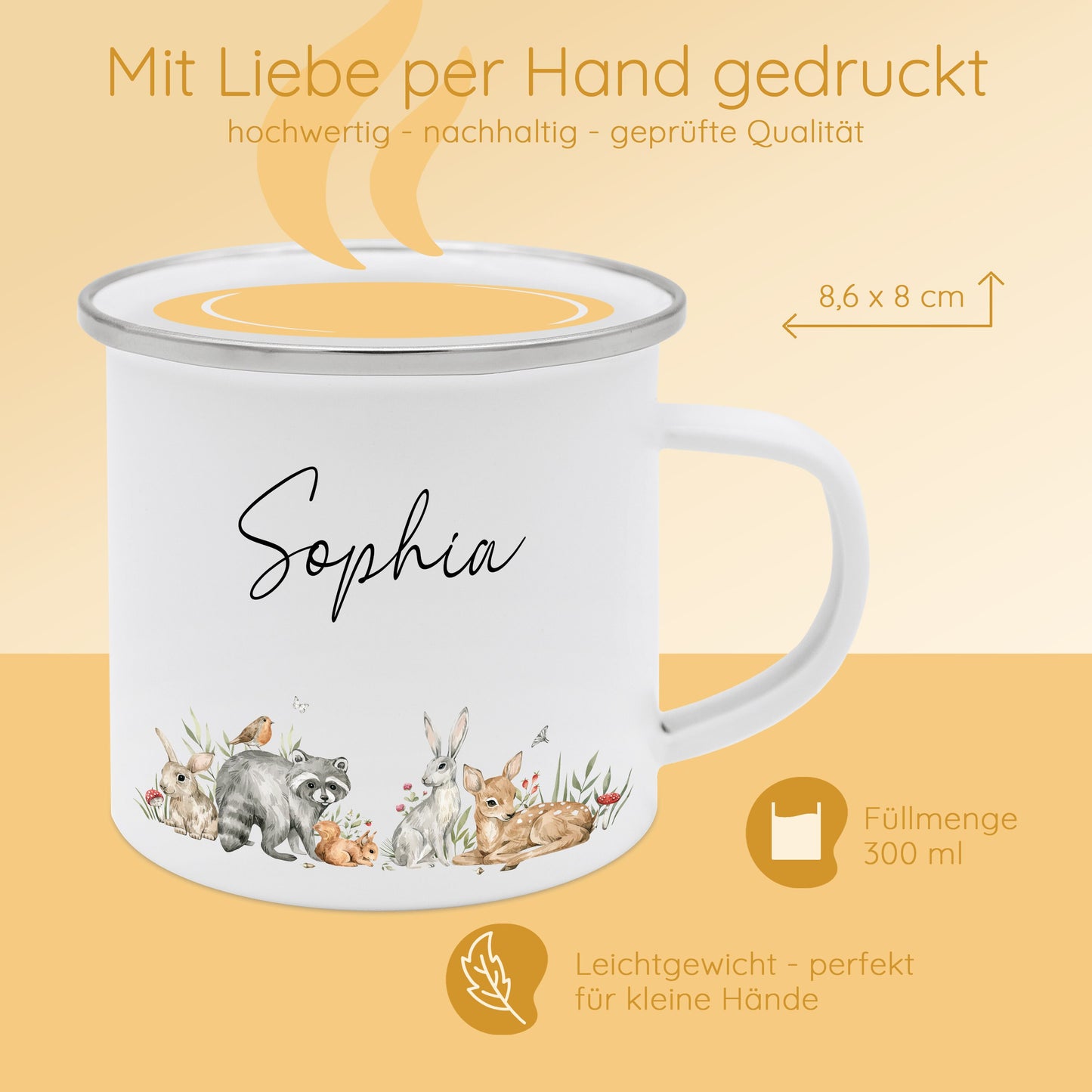 Tasse Waldtiere, Emaille Tasse Kinder, Kindertasse mit Tieren, Geschenk für Kinder Tassen, Waldorf Schule Geschenk, Campingtasse