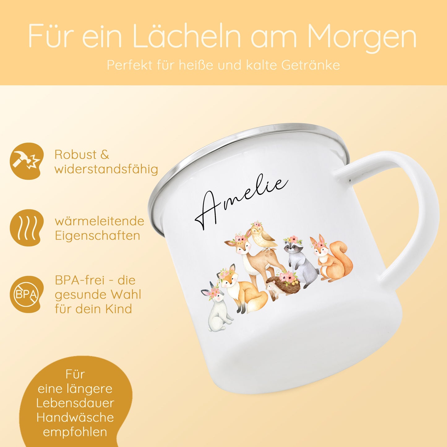 Tasse Waldtiere, Emaille Tasse Kinder, Kindertasse mit Tieren, Geschenk für Kinder Tassen, Waldorf Schule Geschenk, Campingtasse