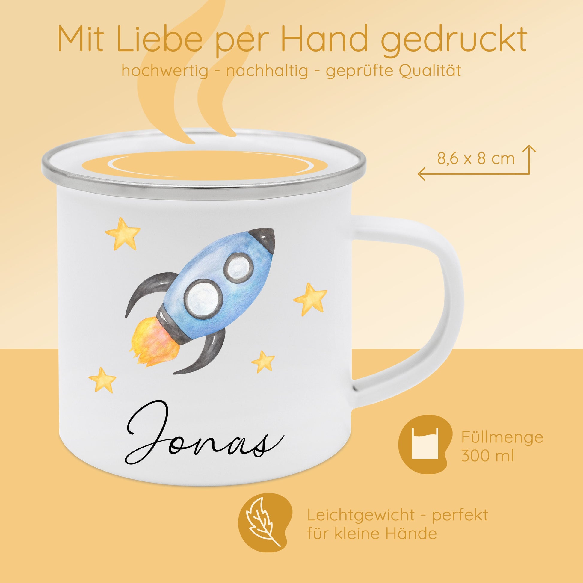 Tasse Rakete, Schulanfang Junge, Tasse Junge, Tasse personalisiert Rakete, Rakete Name, Emaille Tasse Junge, Kindergeburtstag Junge