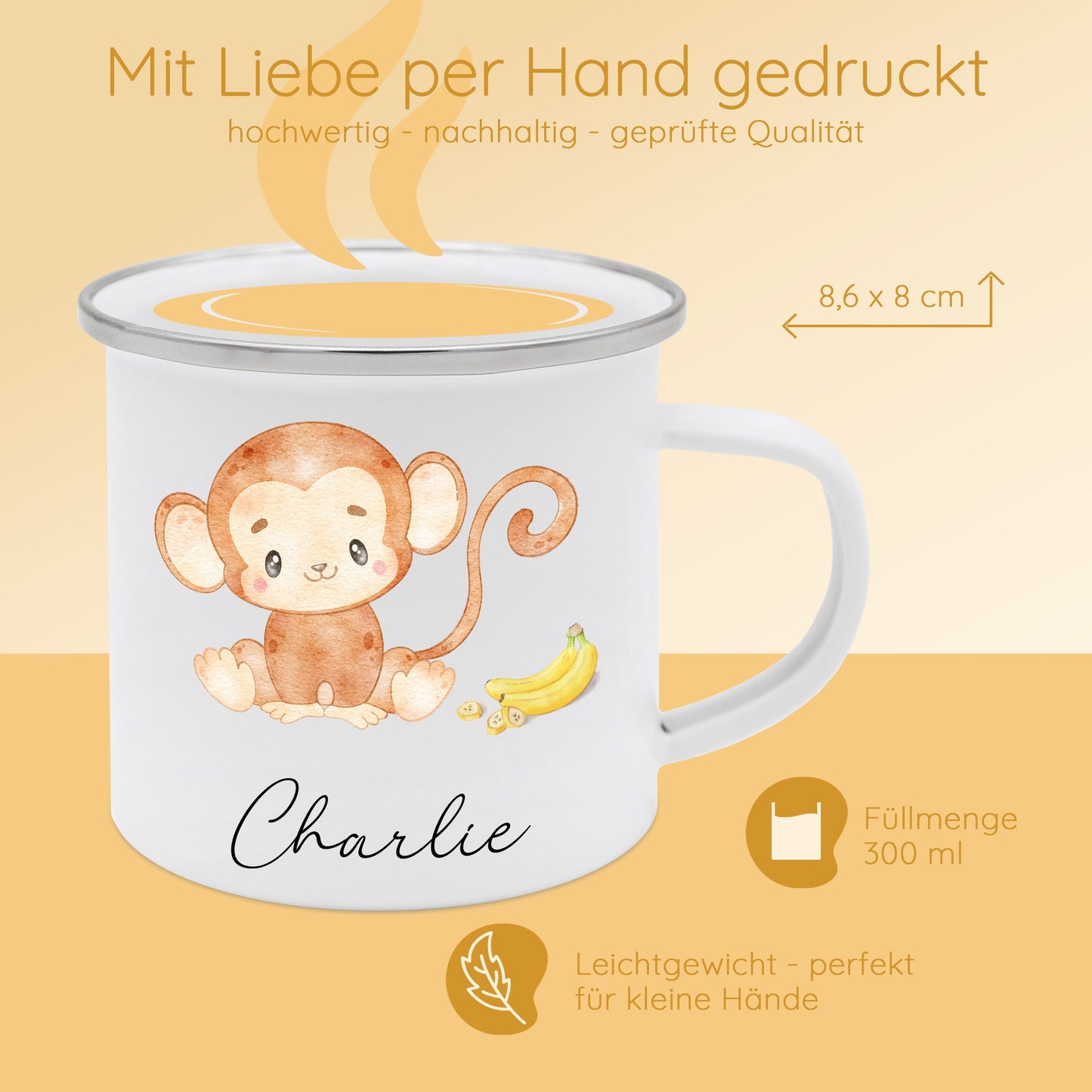 Tasse Affe, Affe Geschenk Kind, Emaille Becher Affe, Namenstasse Affe, Lieblingstier Affe, Kindertasse mit Affenmotiv, Campingtasse