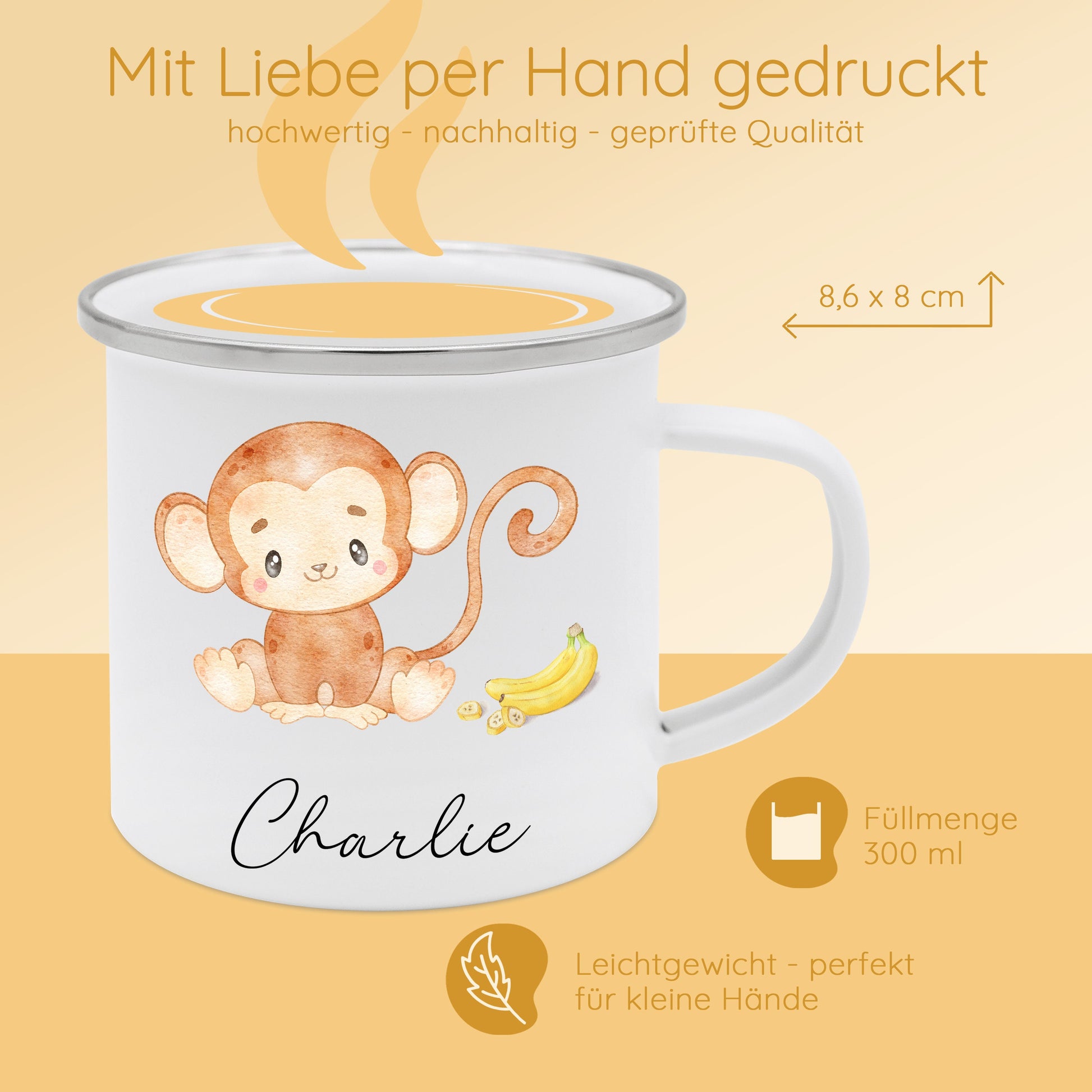 Tasse Affe, Affe Geschenk Kind, Emaille Becher Affe, Namenstasse Affe, Lieblingstier Affe, Kindertasse mit Affenmotiv, Campingtasse