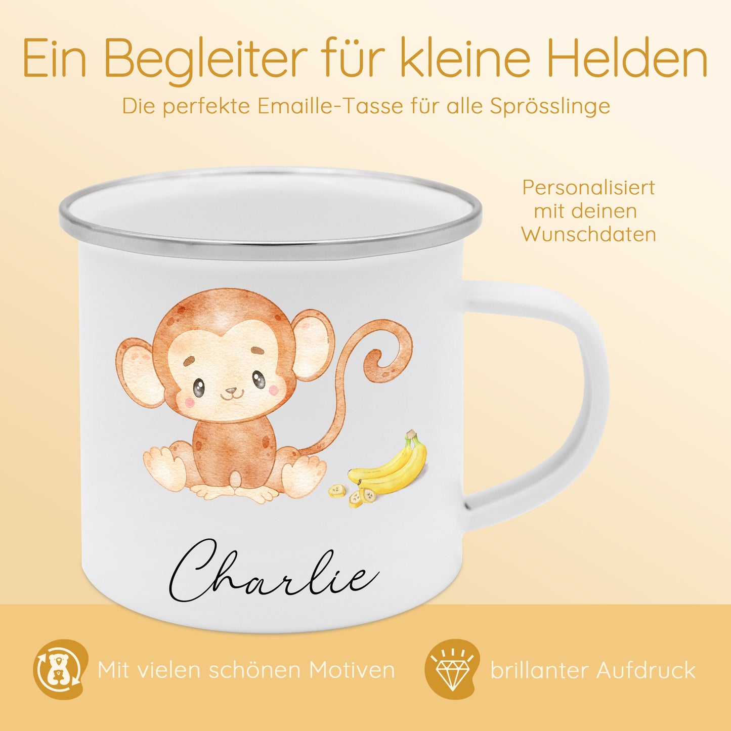 Tasse Affe, Affe Geschenk Kind, Emaille Becher Affe, Namenstasse Affe, Lieblingstier Affe, Kindertasse mit Affenmotiv, Campingtasse