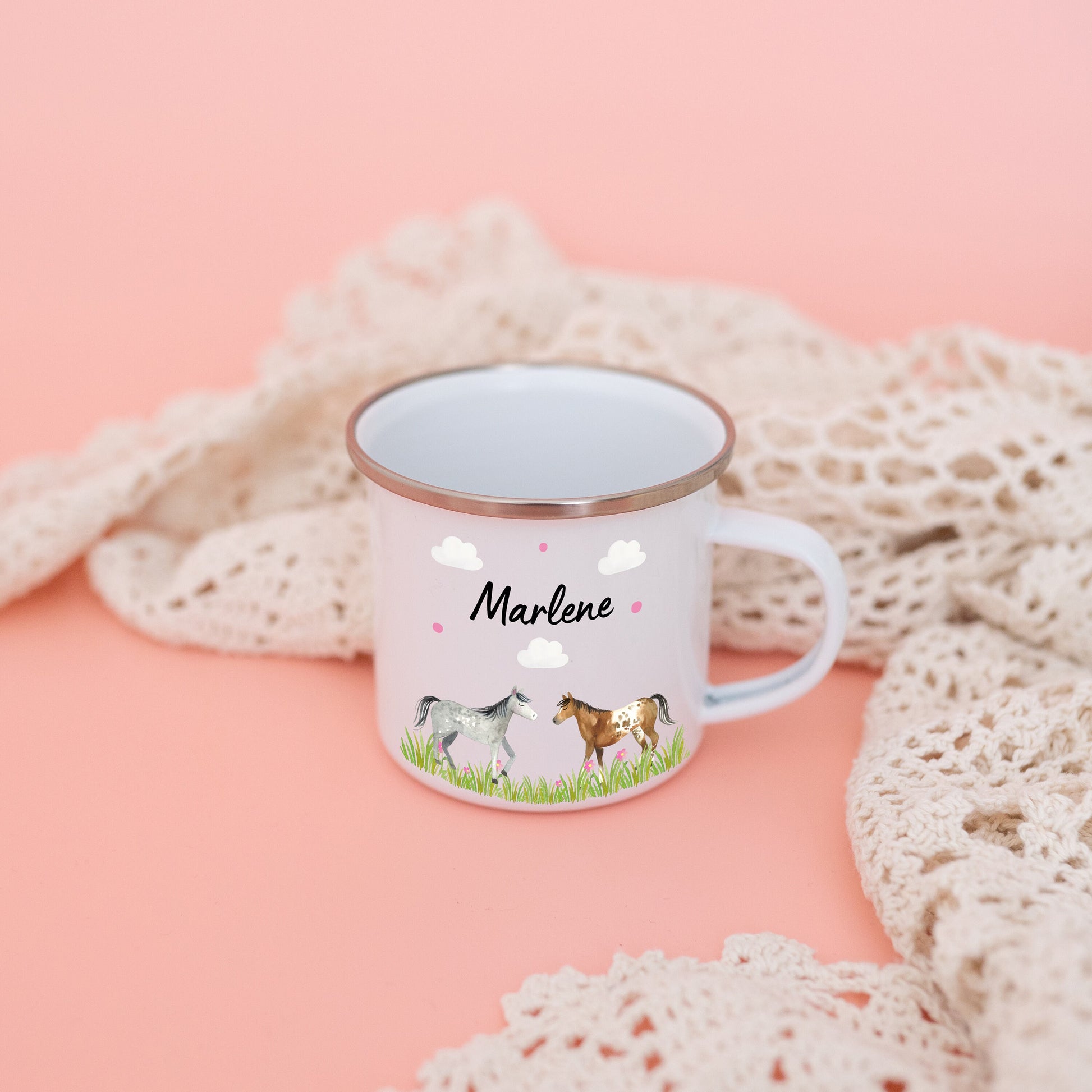 Tasse Pferd, Emaille Tasse Mädchen, Geschenke für Mädchen, Schulanfang Mädchen, Pferde Geschenke, Kindertasse Pferd