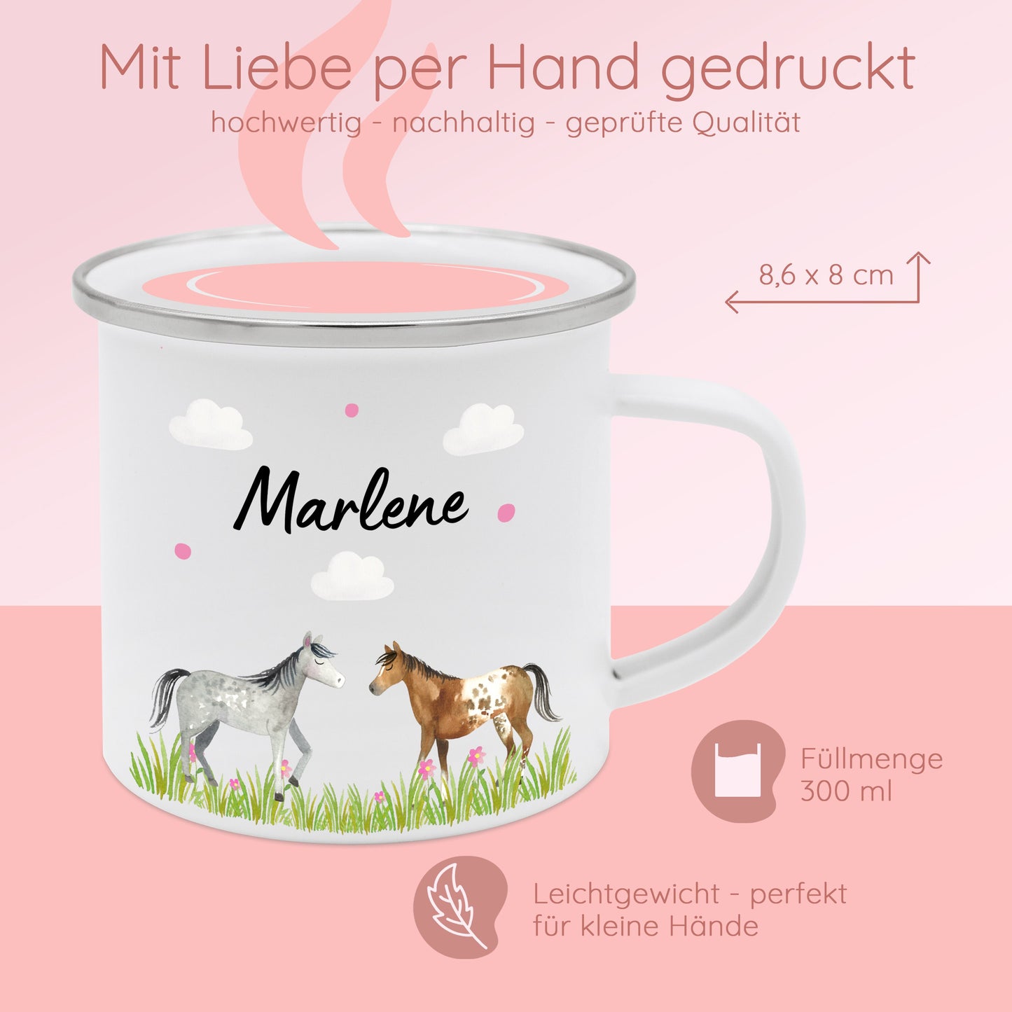 Tasse Pferd, Emaille Tasse Mädchen, Geschenke für Mädchen, Schulanfang Mädchen, Pferde Geschenke, Kindertasse Pferd