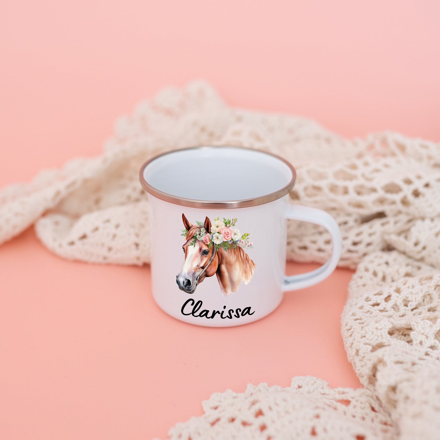 Tasse Pferd, Emaille Tasse Mädchen, Geschenke für Mädchen, Schulanfang Mädchen, Pferde Geschenke, Kindertasse Pferd