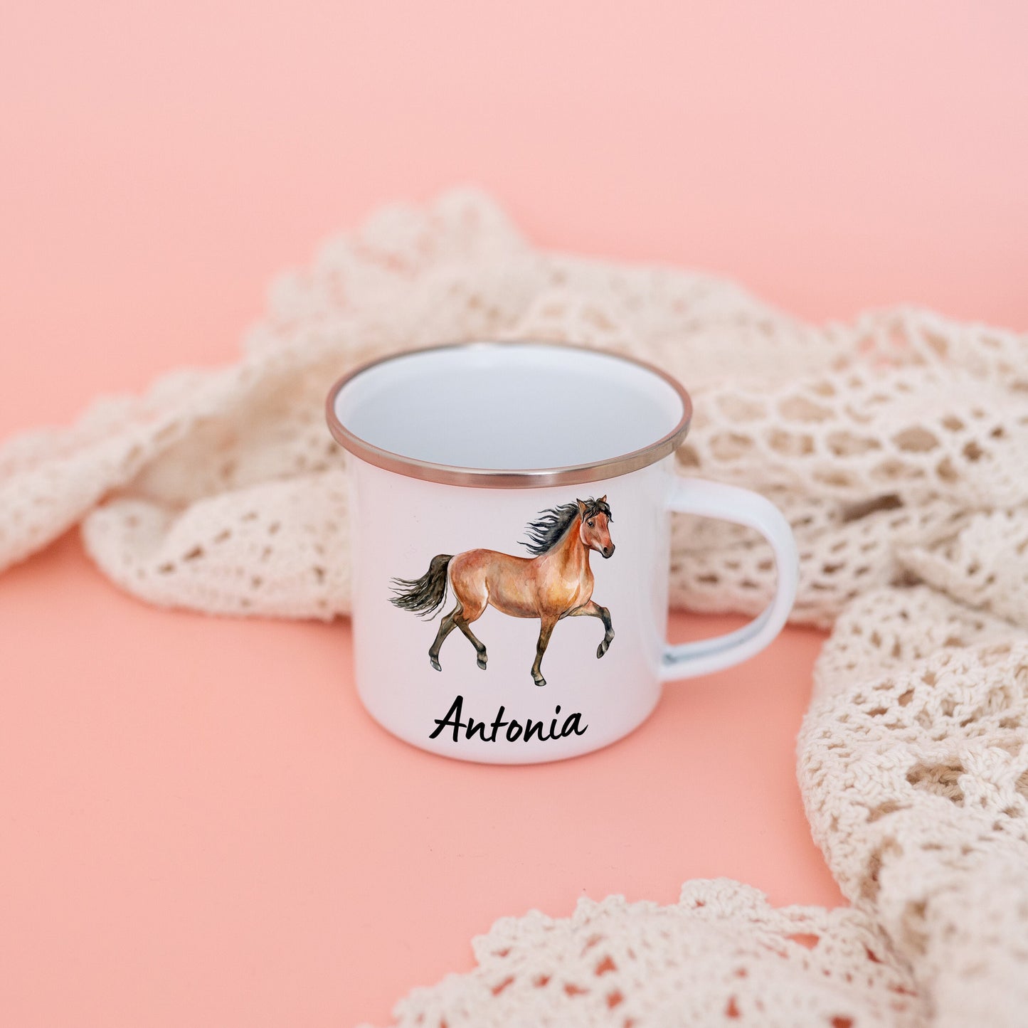 Tasse Pferd, Emaille Tasse Mädchen, Geschenke für Mädchen, Schulanfang Mädchen, Pferde Geschenke, Kindertasse Pferd