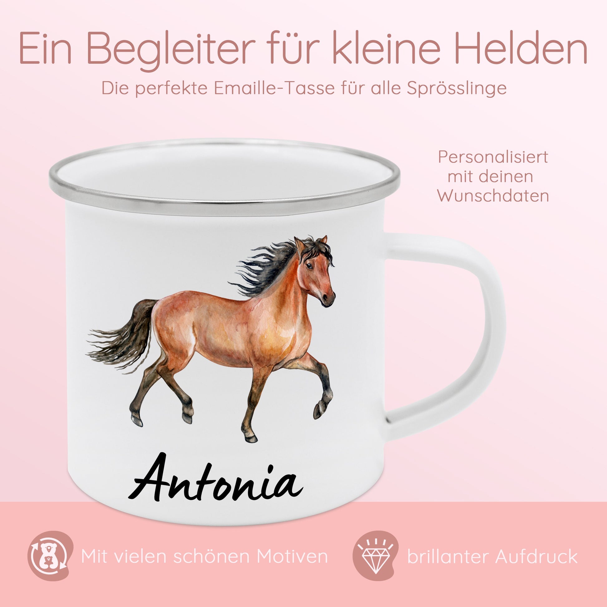 Tasse Pferd, Emaille Tasse Mädchen, Geschenke für Mädchen, Schulanfang Mädchen, Pferde Geschenke, Kindertasse Pferd