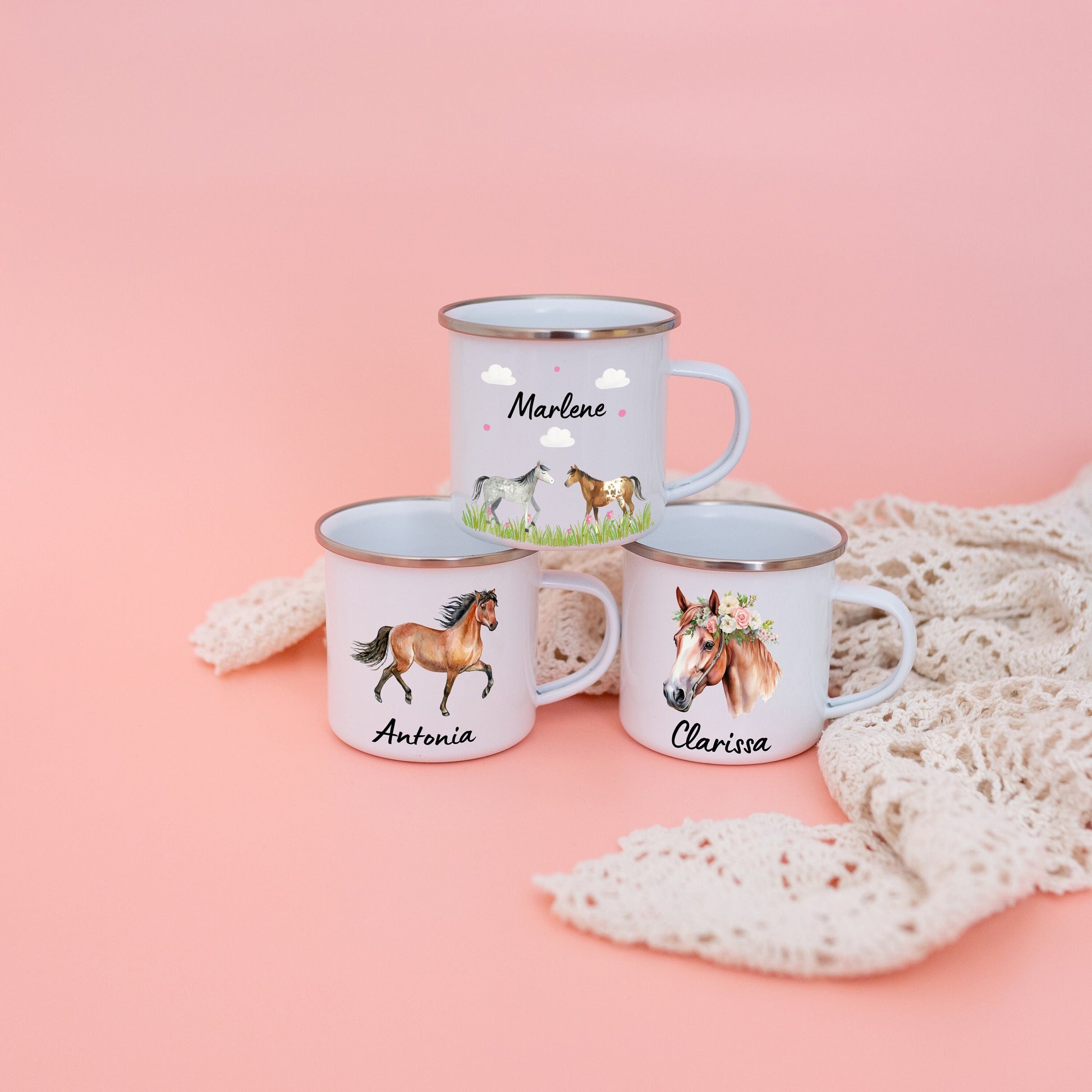 Tasse Pferd, Emaille Tasse Mädchen, Geschenke für Mädchen, Schulanfang Mädchen, Pferde Geschenke, Kindertasse Pferd