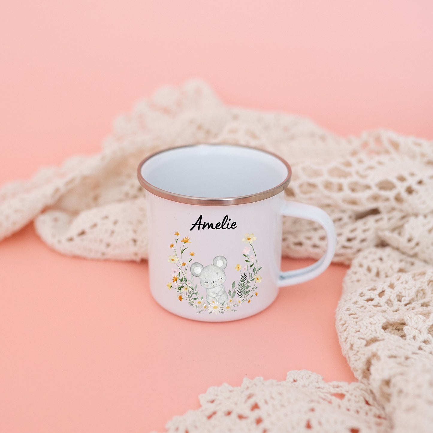 Tasse Mädchen, Kindertasse, Tasse Maus, Tasse Reh, Tasse Taufe, Kindergeschenk Mädchen, Emaille Becher mit Name, Waldtiere