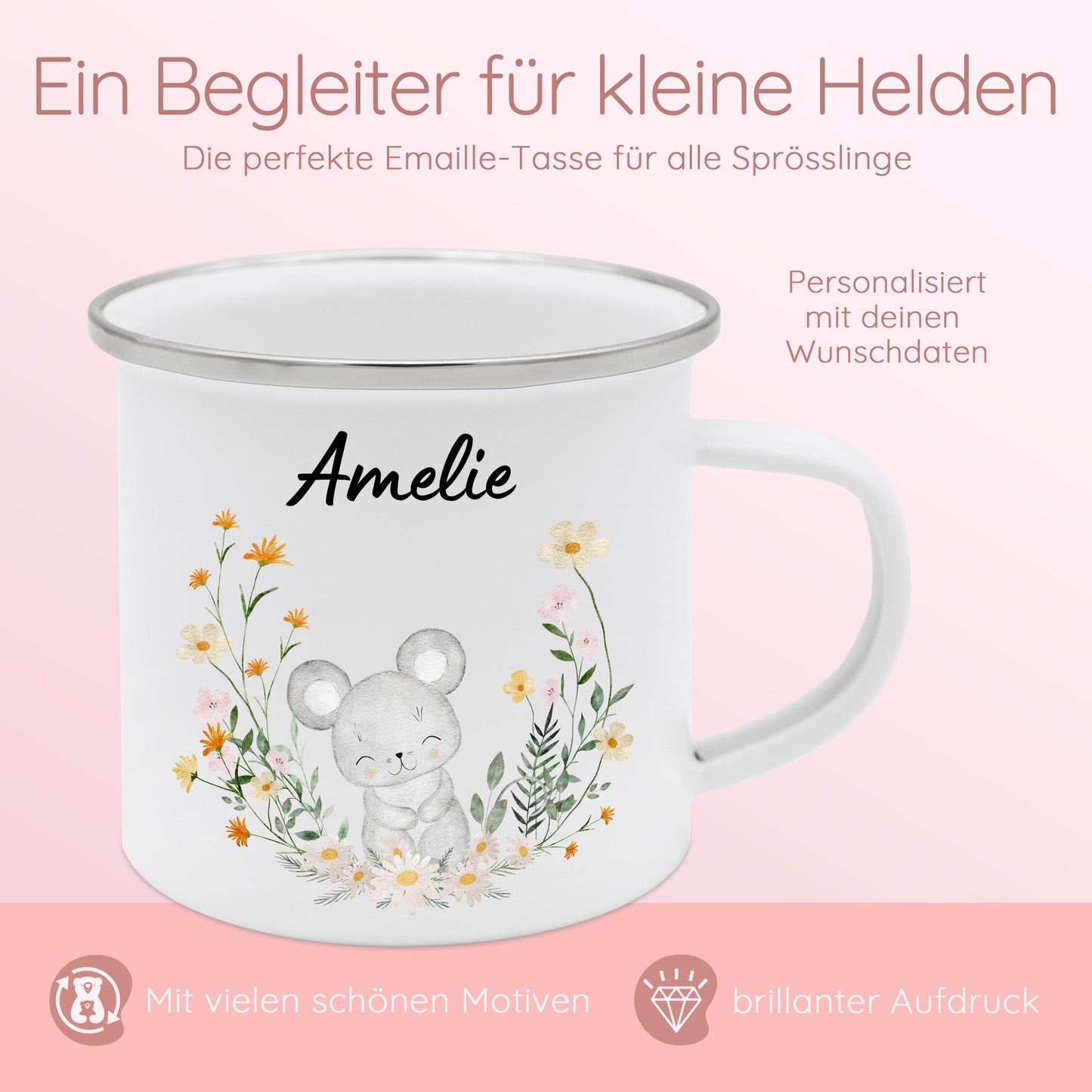 Tasse Mädchen, Kindertasse, Tasse Maus, Tasse Reh, Tasse Taufe, Kindergeschenk Mädchen, Emaille Becher mit Name, Waldtiere