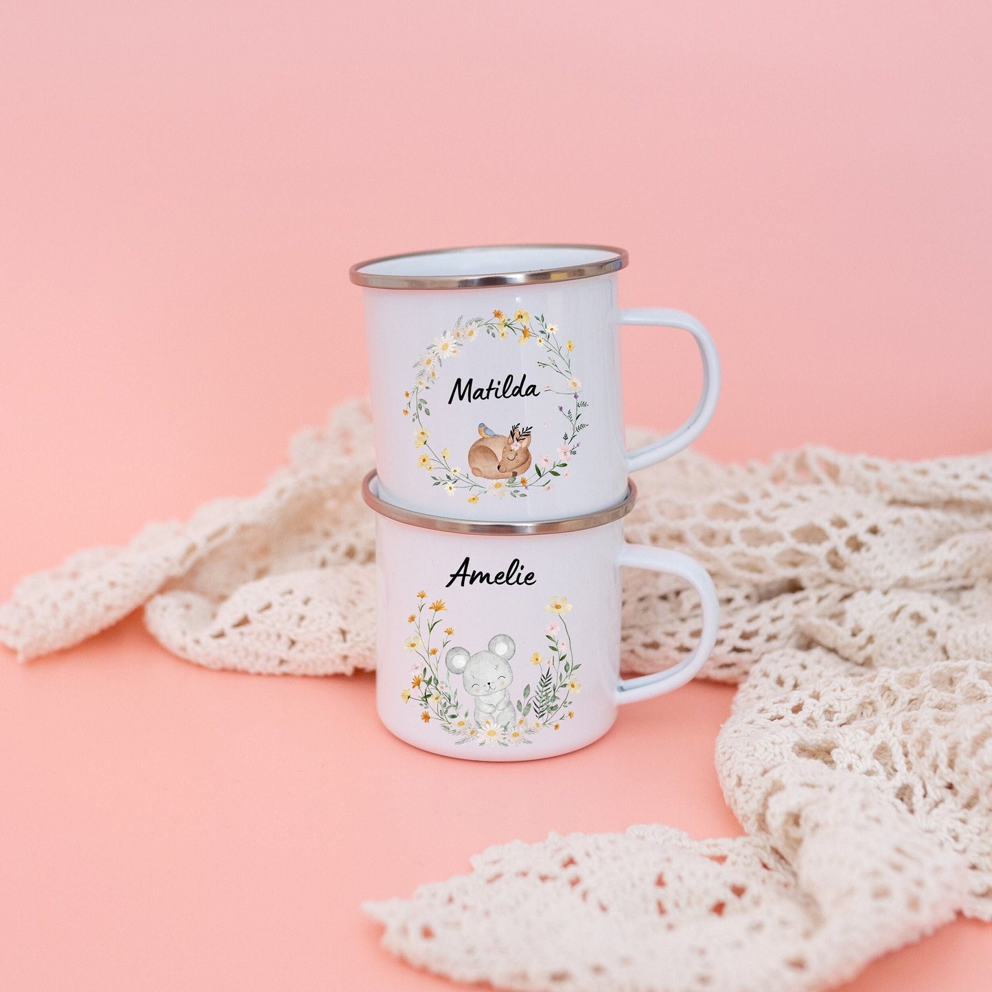 Tasse Mädchen, Kindertasse, Tasse Maus, Tasse Reh, Tasse Taufe, Kindergeschenk Mädchen, Emaille Becher mit Name, Waldtiere