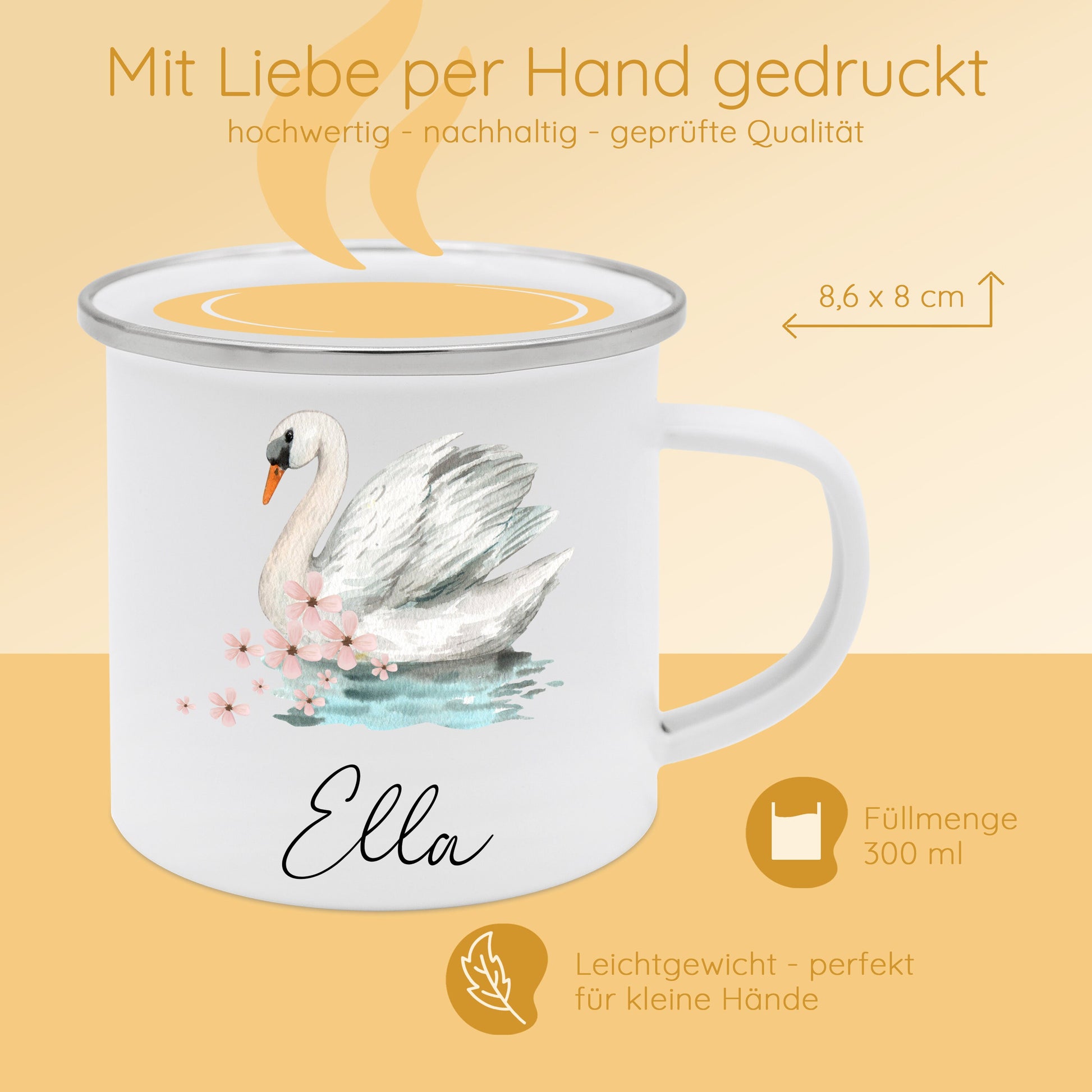 Tasse Schwan, Emaille Tasse Mädchen, Tasse Schultüte Mädchen, Schwan Becher Kinder, Tasse Blumen, Campingtasse, Namenstasse