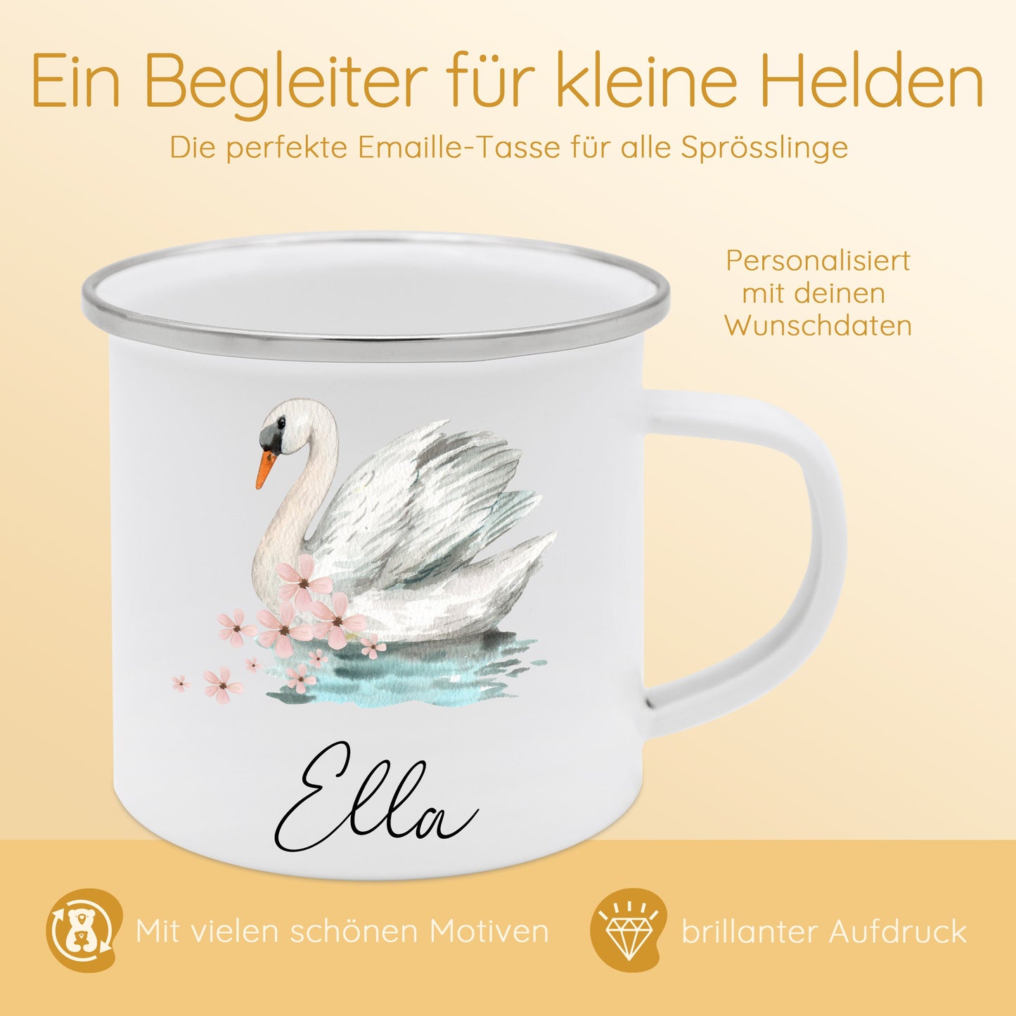 Tasse Schwan, Emaille Tasse Mädchen, Tasse Schultüte Mädchen, Schwan Becher Kinder, Tasse Blumen, Campingtasse, Namenstasse