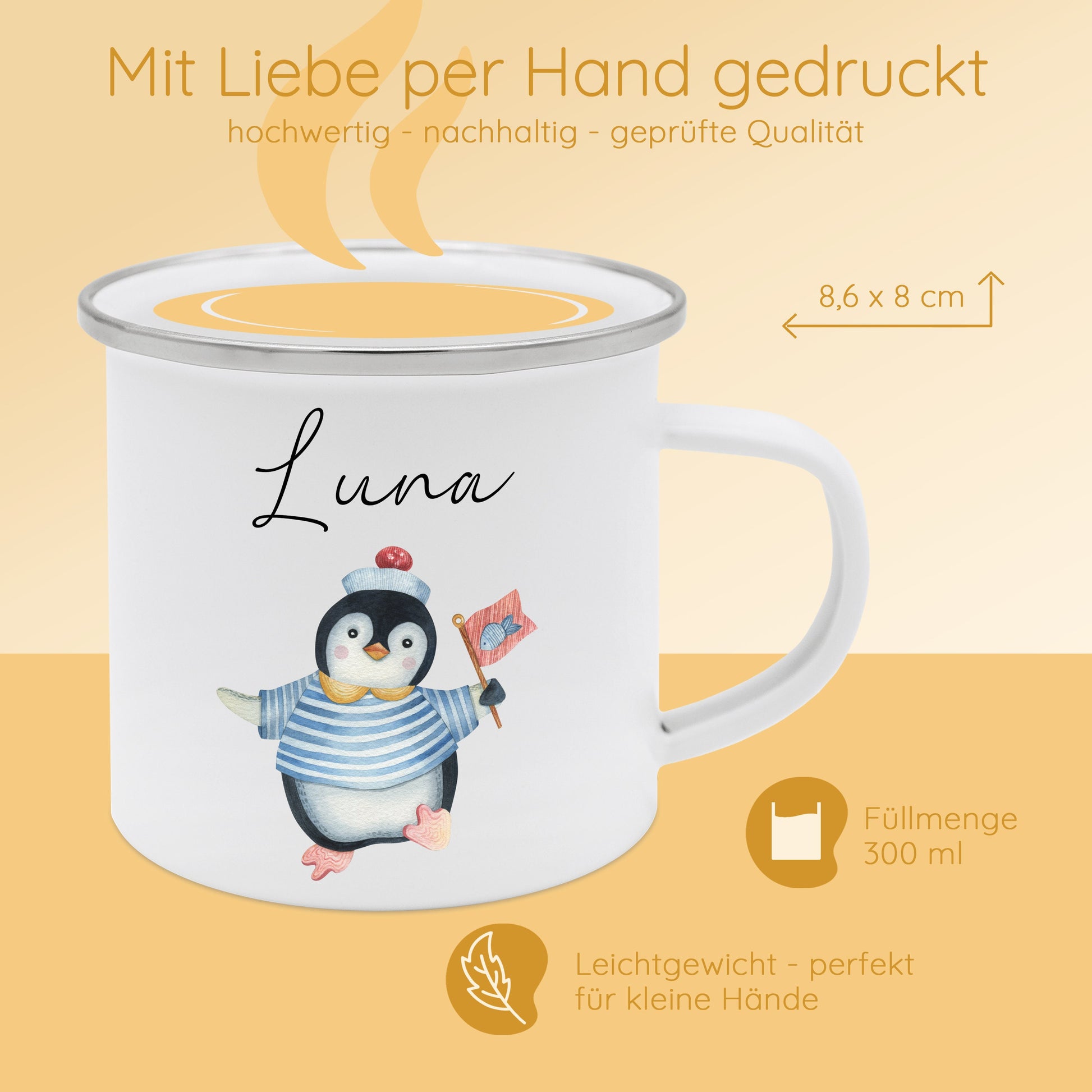 Tasse Pinguin, Emaille Tasse Pinguin, Pinguin Geschenk, Kindertasse Pinguin, Pinguin Geschirr, Namenstasse, Campingtasse, Campinggeschirr