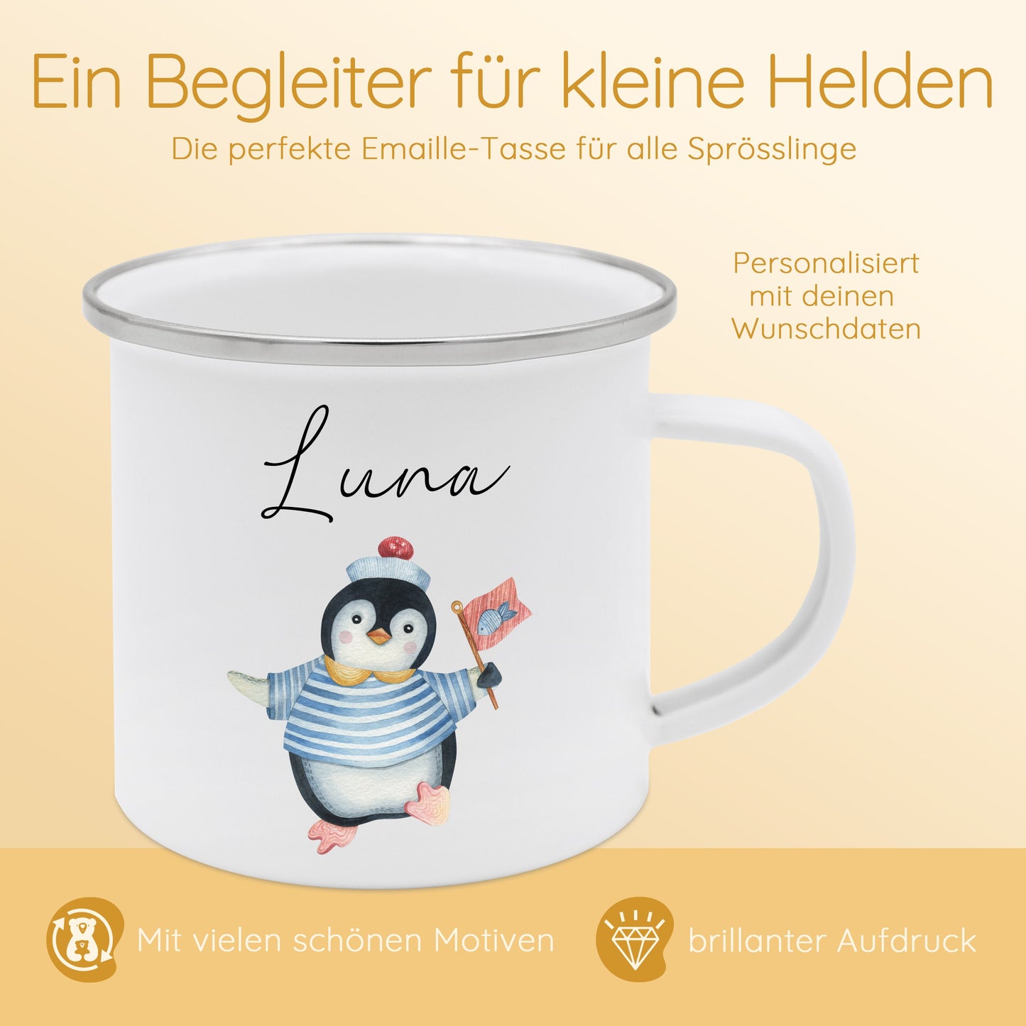 Tasse Pinguin, Emaille Tasse Pinguin, Pinguin Geschenk, Kindertasse Pinguin, Pinguin Geschirr, Namenstasse, Campingtasse, Campinggeschirr