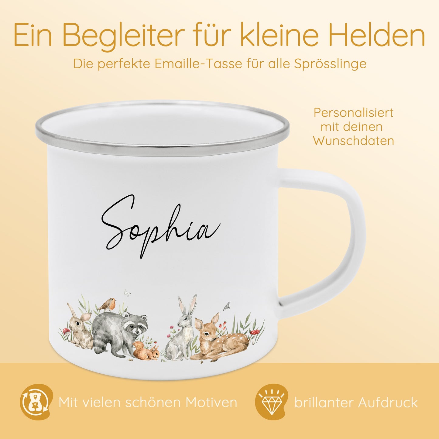 Tasse Waldtiere, Emaille Tasse Kinder, Kindertasse mit Tieren, Geschenk für Kinder Tassen, Waldorf Schule Geschenk, Campingtasse