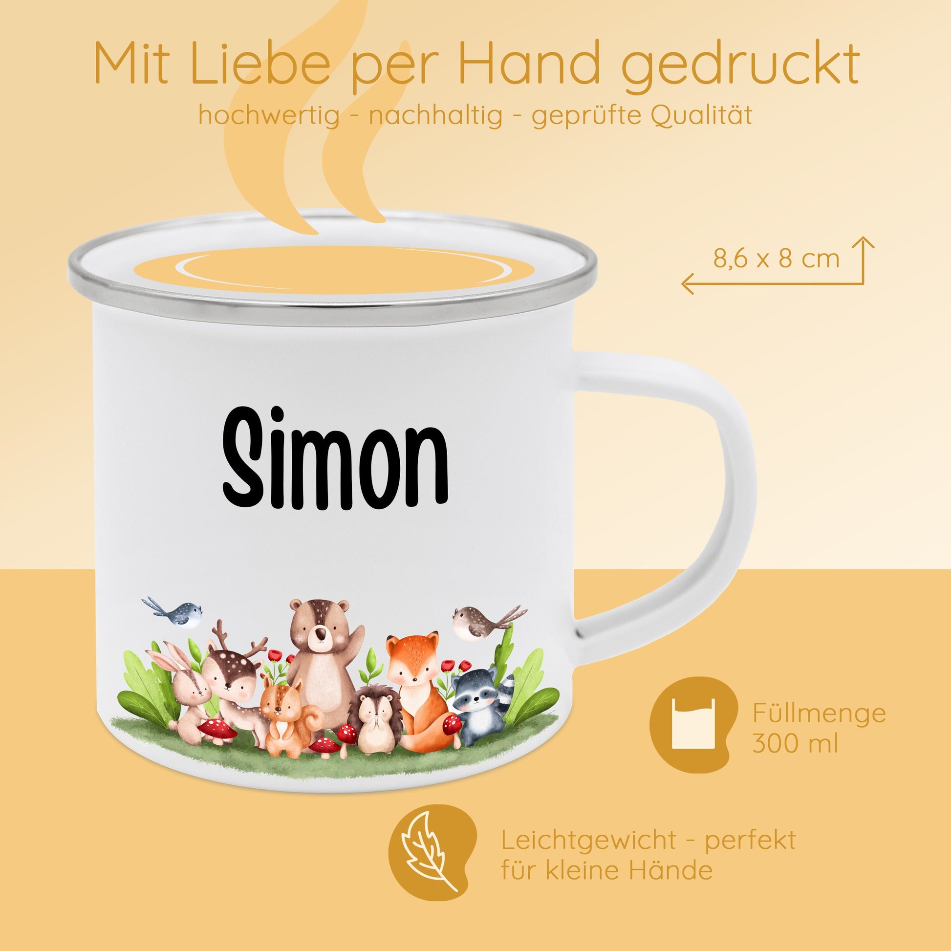 Tasse Waldtiere, Kinder Emaille Becher Mädchen, Emaille Tasse Junge, Kindergarten Tasse, Kinderbecher, Campingtasse, Namenstasse