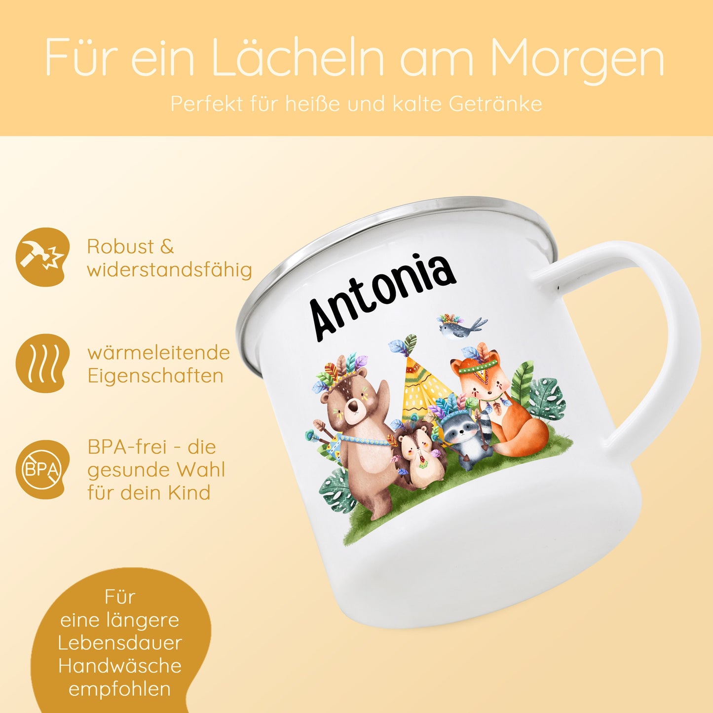 Tasse Waldtiere, Kinder Emaille Becher Mädchen, Emaille Tasse Junge, Kindergarten Tasse, Kinderbecher, Campingtasse, Namenstasse