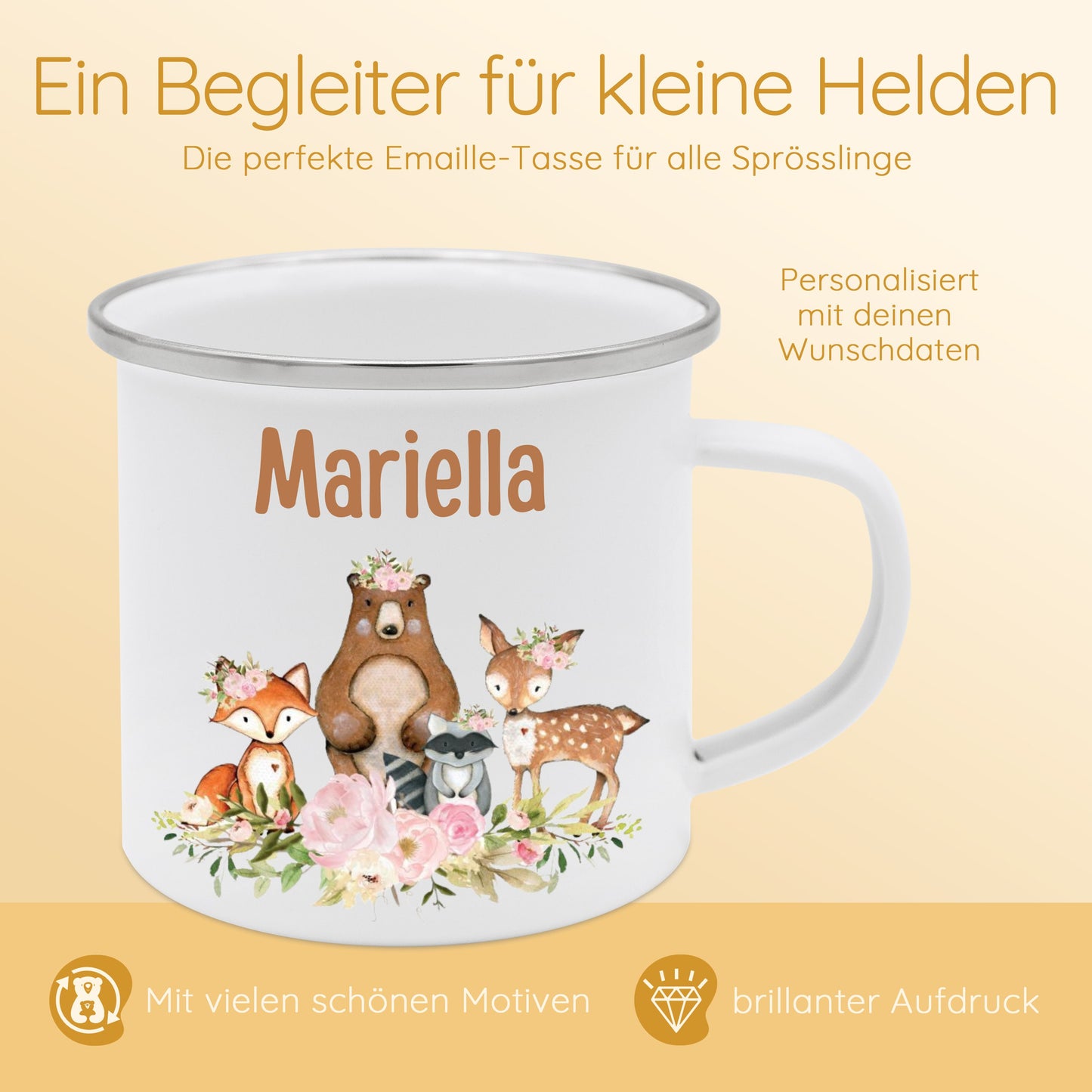 Tasse Waldtiere, Kinder Emaille Becher Mädchen, Emaille Tasse Junge, Kindergarten Tasse, Kinderbecher, Campingtasse, Namenstasse