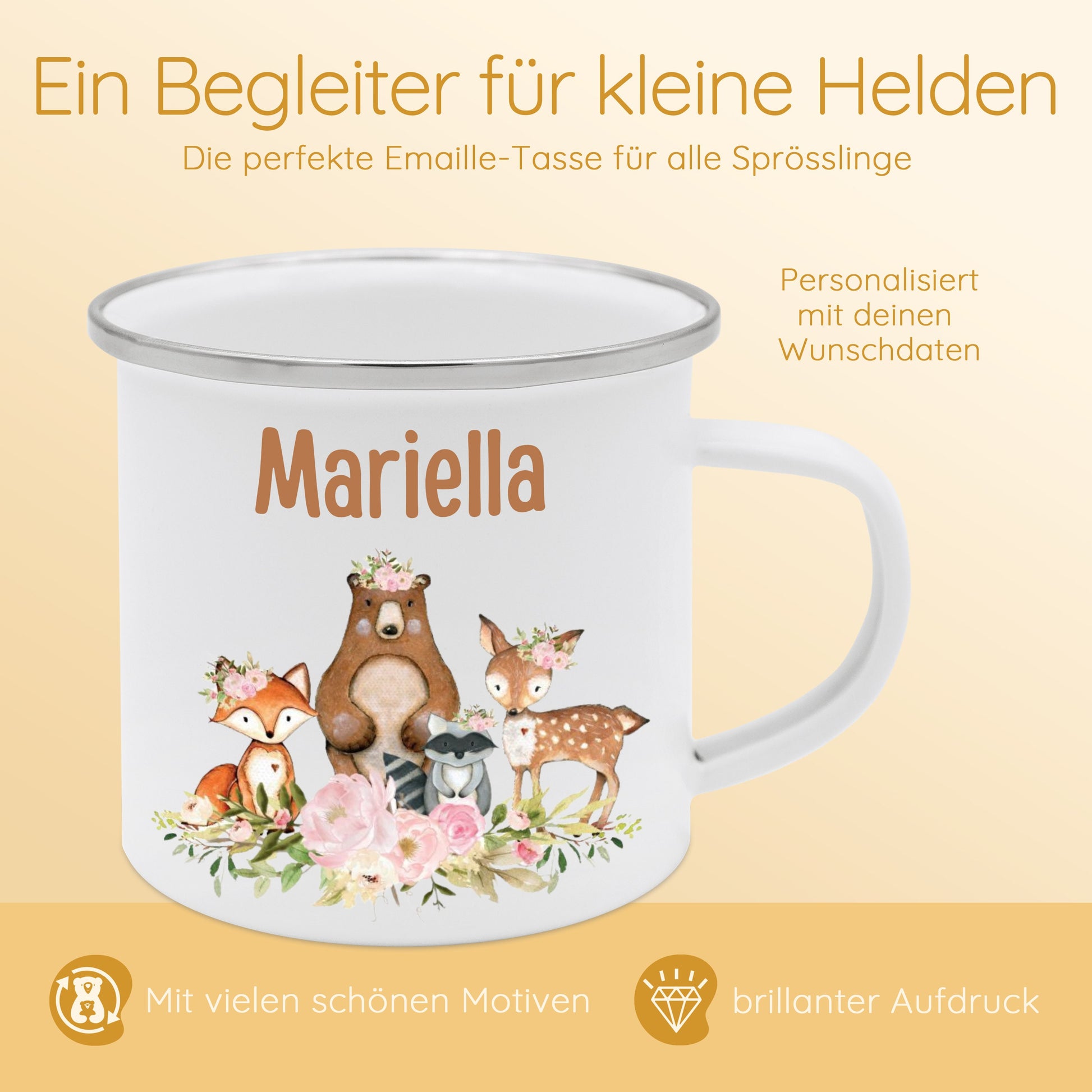 Tasse Waldtiere, Kinder Emaille Becher Mädchen, Emaille Tasse Junge, Kindergarten Tasse, Kinderbecher, Campingtasse, Namenstasse