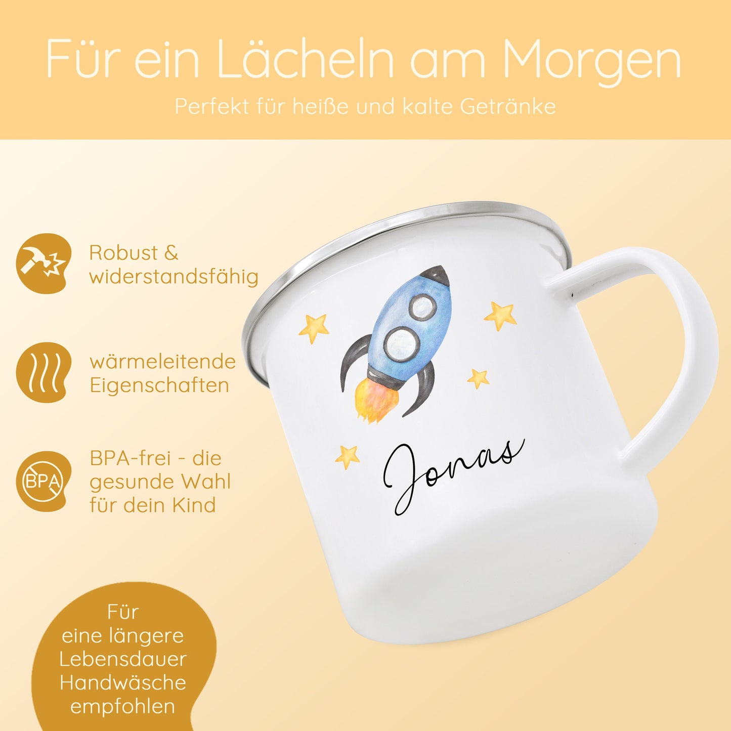 Tasse Junge, Tasse Mädchen, Tasse Rakete, Tasse Sonne, Tasse Affe, Einschulung, Emaille Tasse Kind, Kindergeschenke, Campingbecher