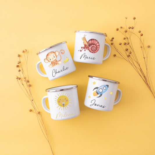 Tasse Junge, Tasse Mädchen, Tasse Rakete, Tasse Sonne, Tasse Affe, Einschulung, Emaille Tasse Kind, Kindergeschenke, Campingbecher