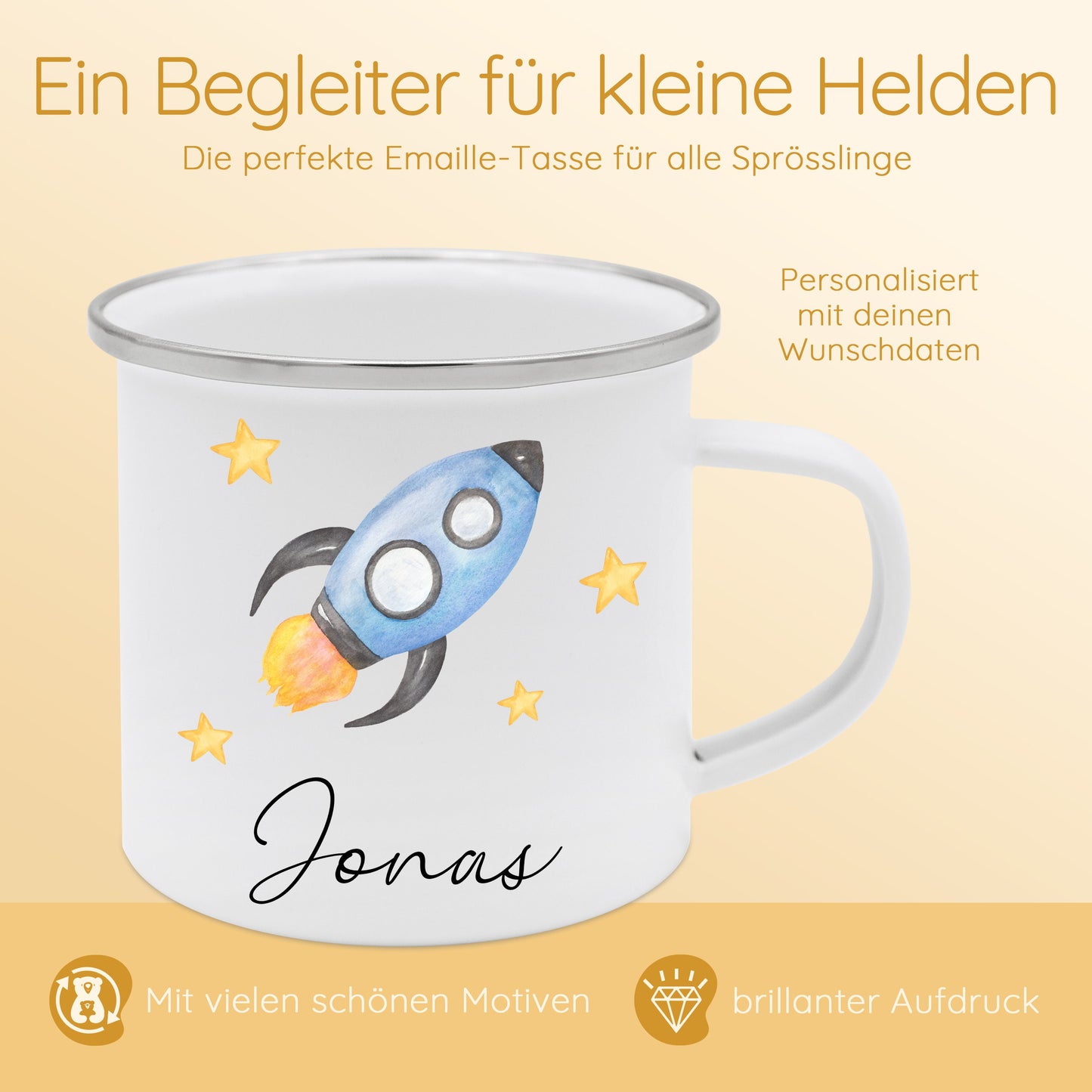 Tasse Rakete, Schulanfang Junge, Tasse Junge, Tasse personalisiert Rakete, Rakete Name, Emaille Tasse Junge, Kindergeburtstag Junge