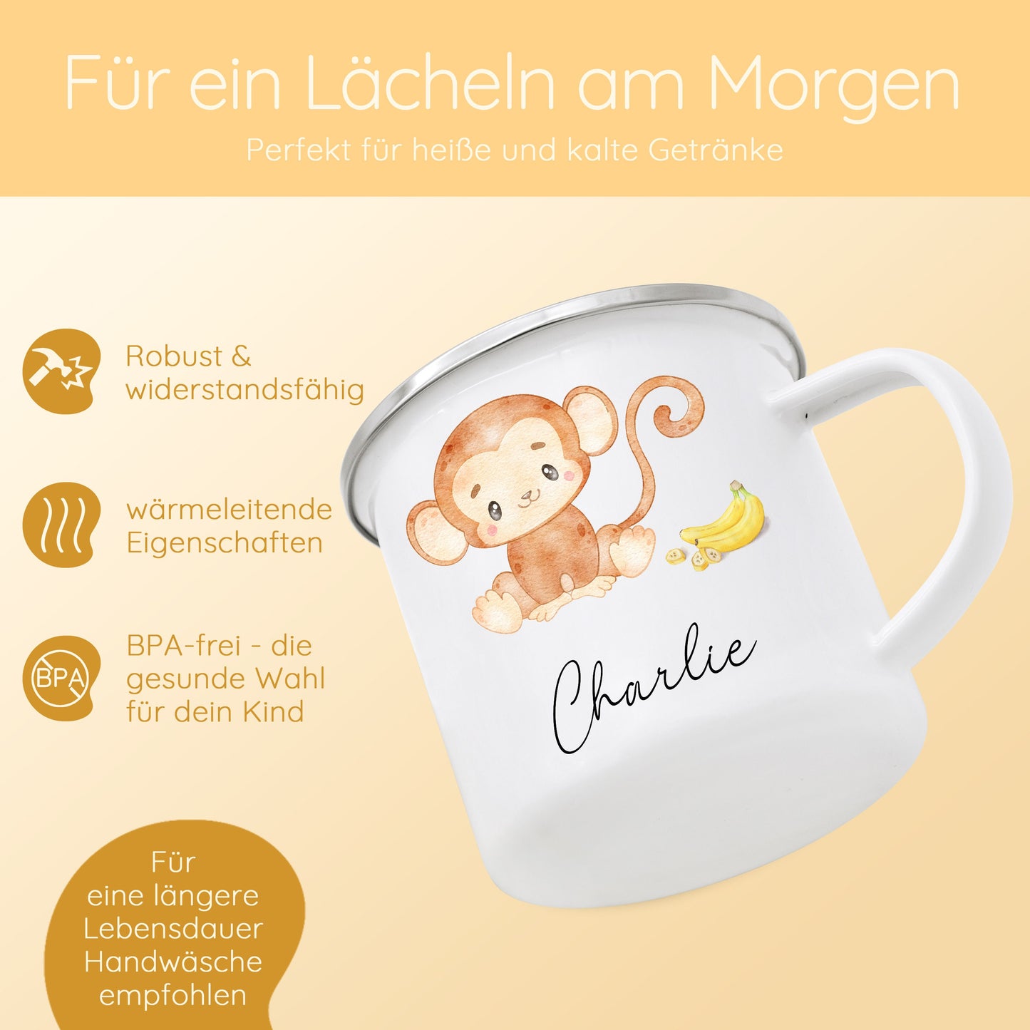 Tasse Affe, Affe Geschenk Kind, Emaille Becher Affe, Namenstasse Affe, Lieblingstier Affe, Kindertasse mit Affenmotiv, Campingtasse