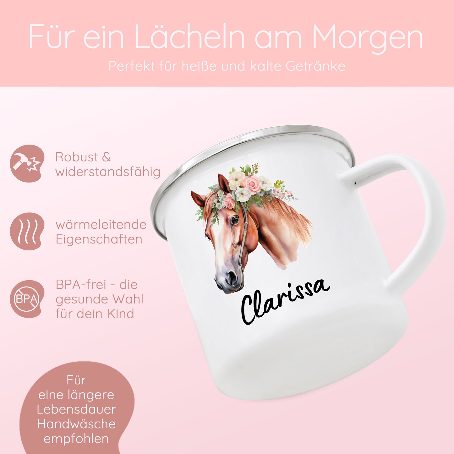 Tasse Pferd, Emaille Tasse Mädchen, Geschenke für Mädchen, Schulanfang Mädchen, Pferde Geschenke, Kindertasse Pferd