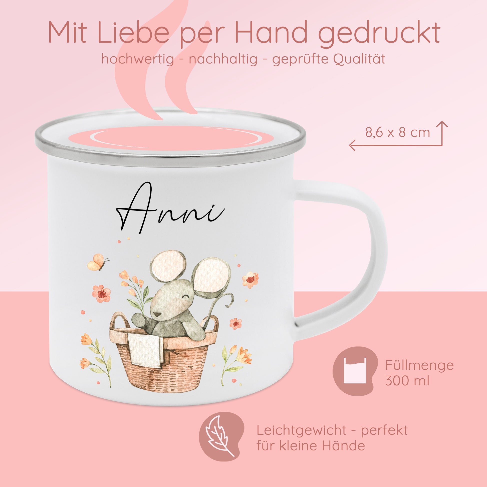 Tasse Mädchen, Kindertasse, Tasse Maus, Tasse Gans, Tasse Regenbogen, Kindergeschenk Mädchen, Emaille Becher mit Name, Campingtasse