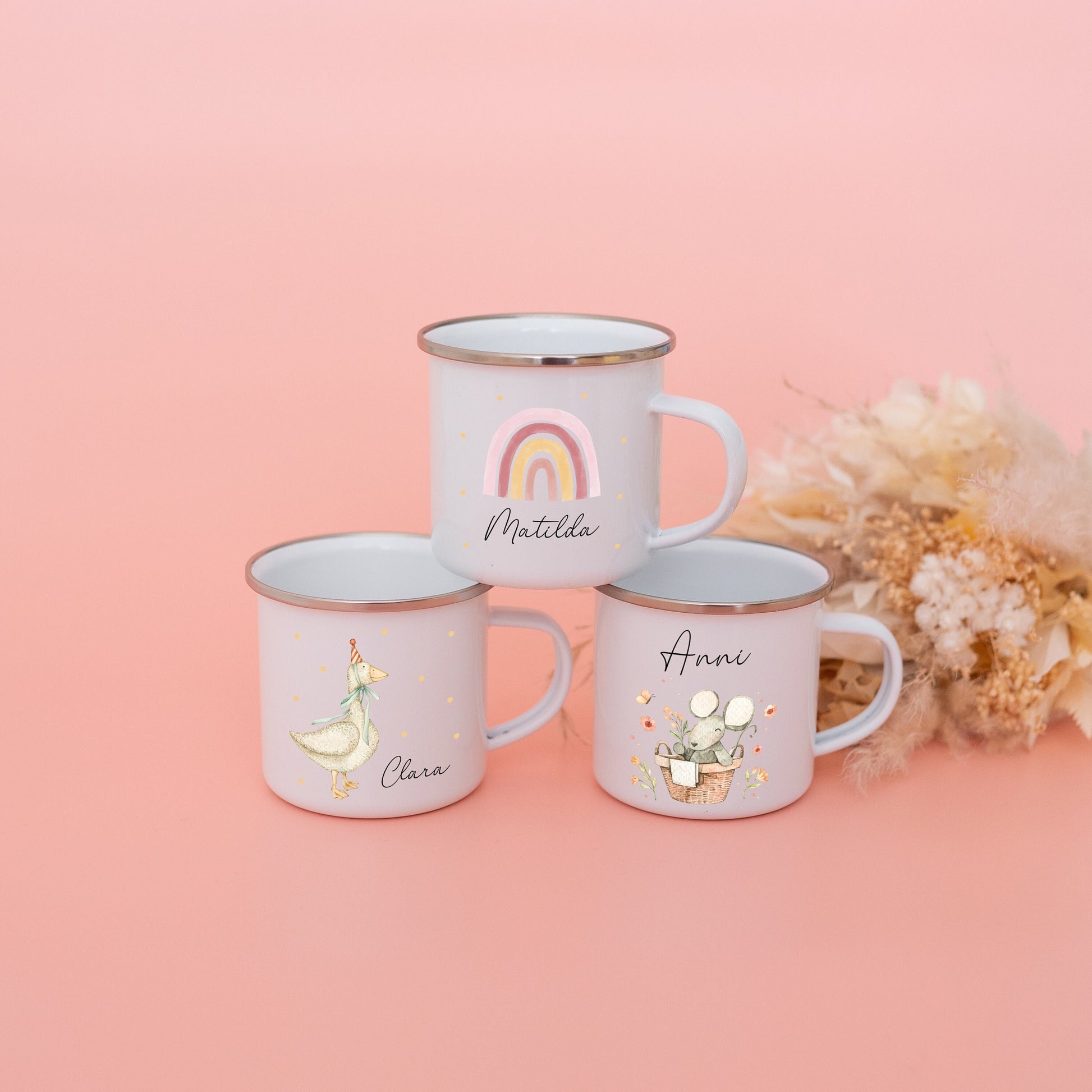 Tasse Mädchen, Kindertasse, Tasse Maus, Tasse Gans, Tasse Regenbogen, Kindergeschenk Mädchen, Emaille Becher mit Name, Campingtasse