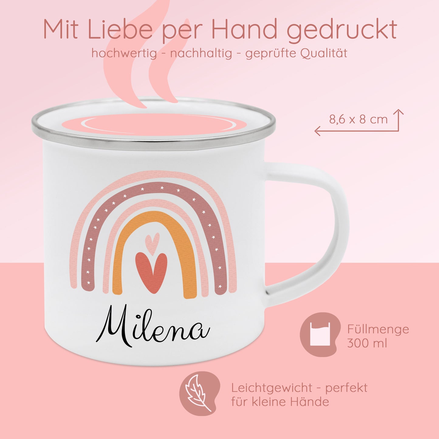 Tasse Regenbogen, Emaille Tasse, Tasse personalisiert, Schulanfang Geschenk Mädchen, Kindertasse, Taufe Mädchen, Camping Kind