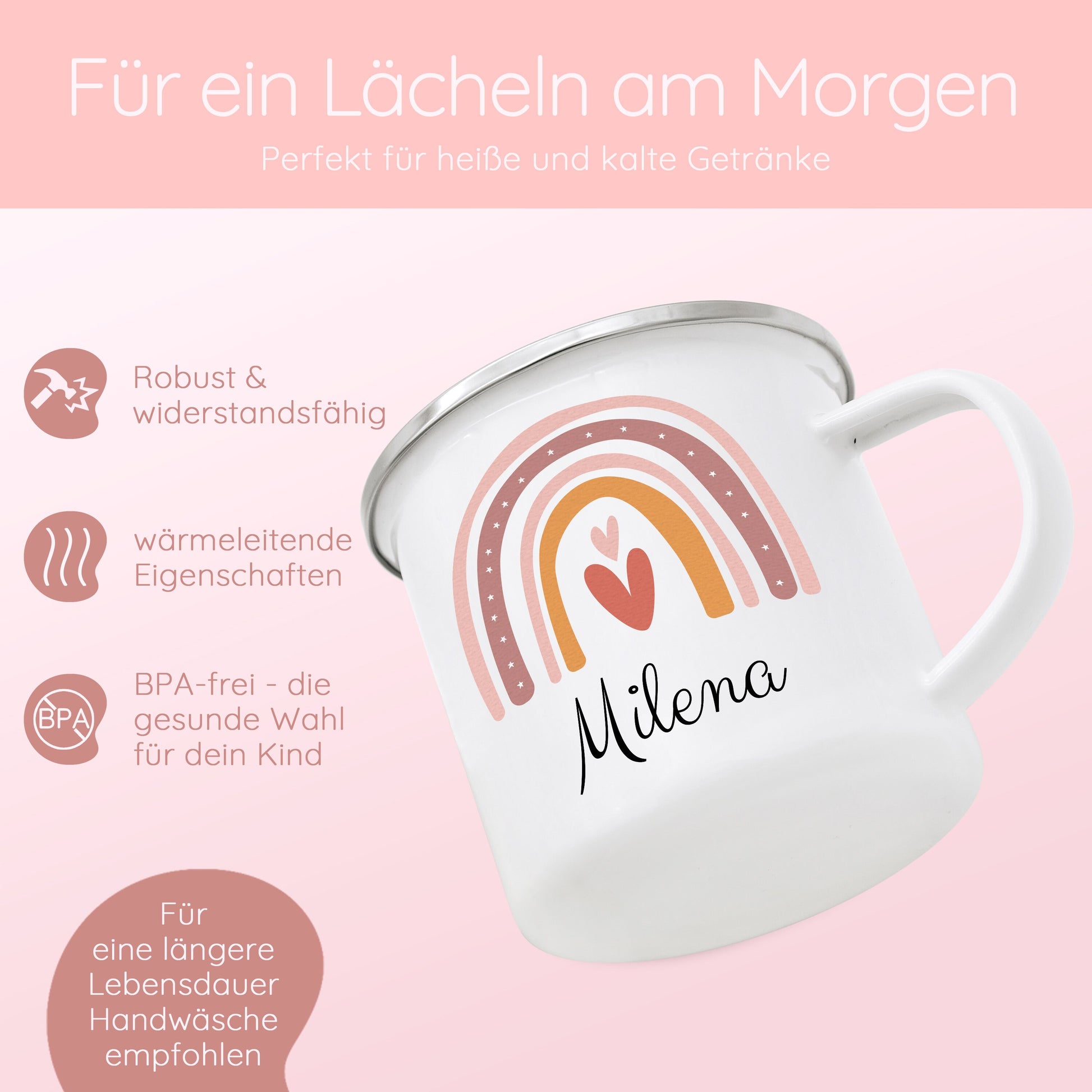 Tasse Regenbogen, Emaille Tasse, Tasse personalisiert, Schulanfang Geschenk Mädchen, Kindertasse, Taufe Mädchen, Camping Kind