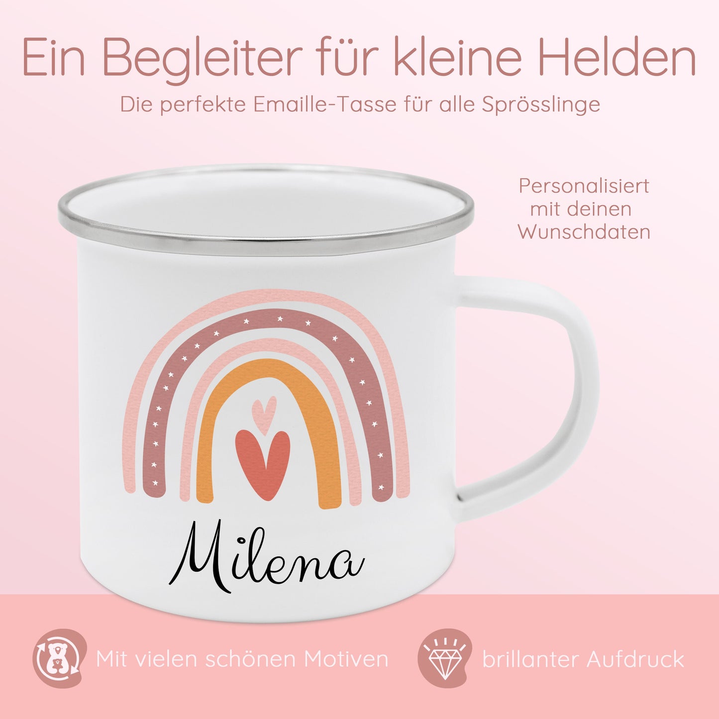 Tasse Regenbogen, Emaille Tasse, Tasse personalisiert, Schulanfang Geschenk Mädchen, Kindertasse, Taufe Mädchen, Camping Kind