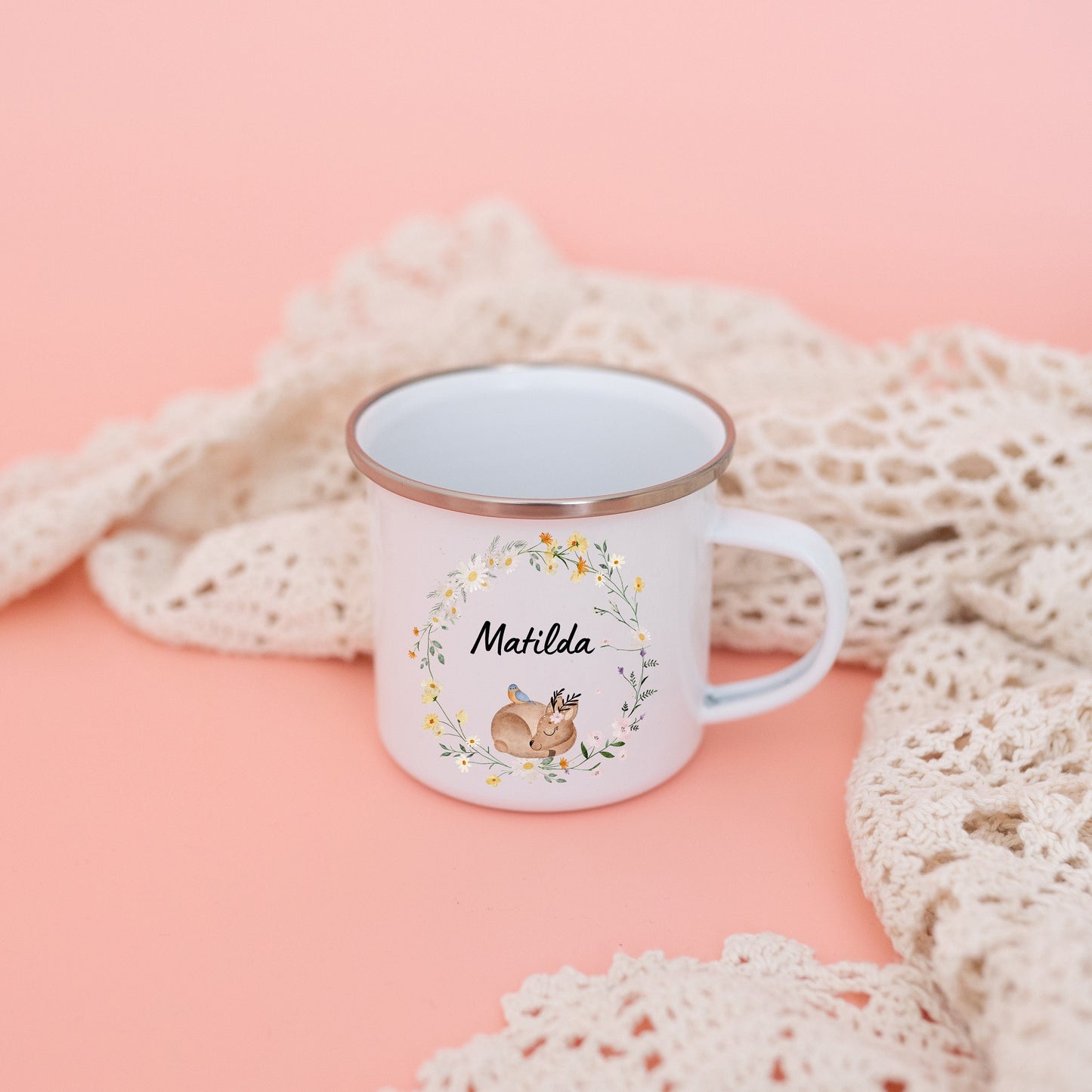 Tasse Mädchen, Kindertasse, Tasse Maus, Tasse Reh, Tasse Taufe, Kindergeschenk Mädchen, Emaille Becher mit Name, Waldtiere