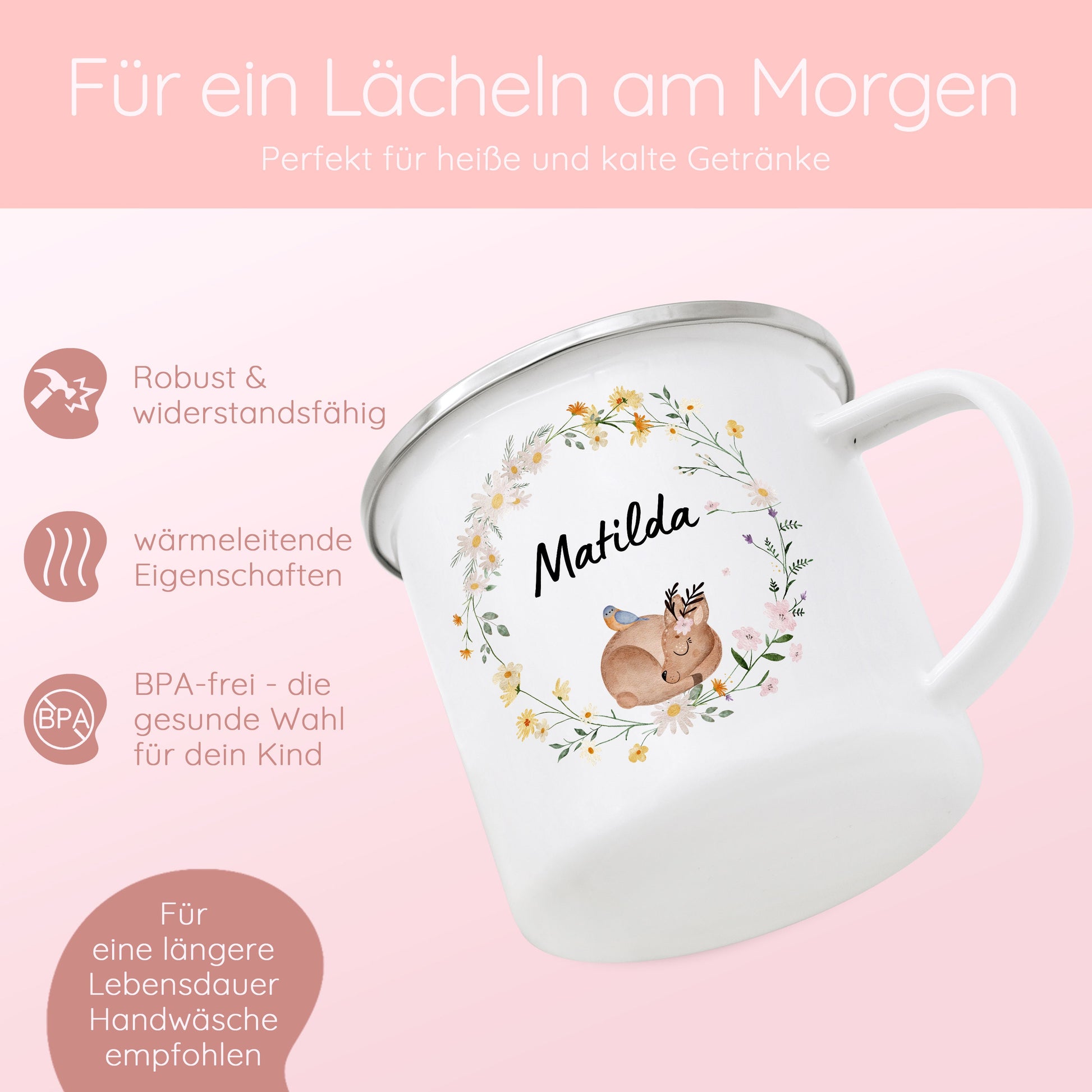 Tasse Mädchen, Kindertasse, Tasse Maus, Tasse Reh, Tasse Taufe, Kindergeschenk Mädchen, Emaille Becher mit Name, Waldtiere