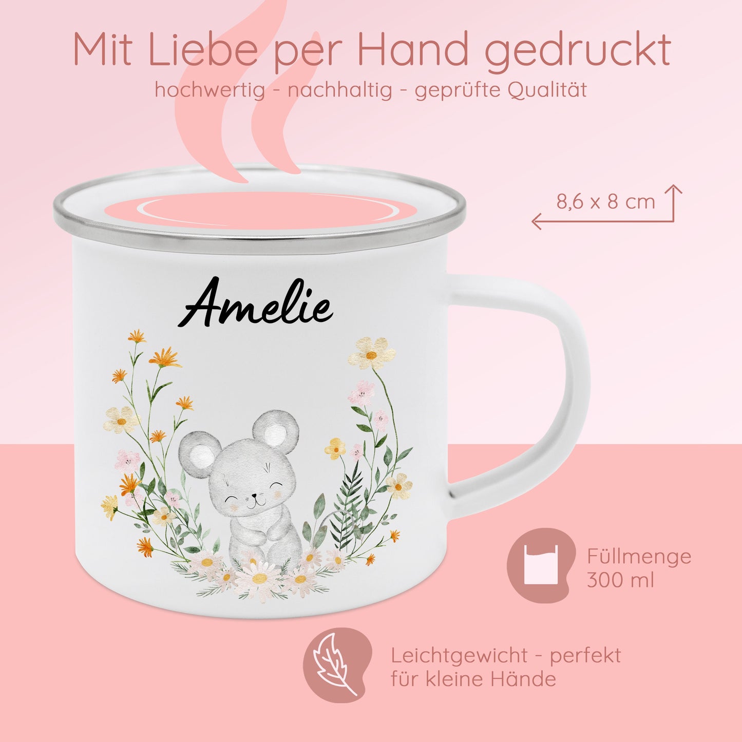 Tasse Mädchen, Kindertasse, Tasse Maus, Tasse Reh, Tasse Taufe, Kindergeschenk Mädchen, Emaille Becher mit Name, Waldtiere