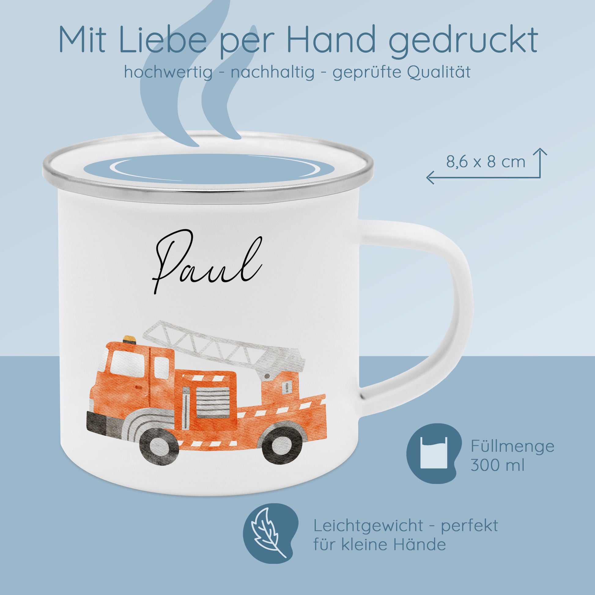 Tasse Feuerwehr, Tasse Bagger, Tasse Pferd, Emaille Tasse, Kinder Geschenke, Tasse für Kinder, Schulanfang, Campingtasse