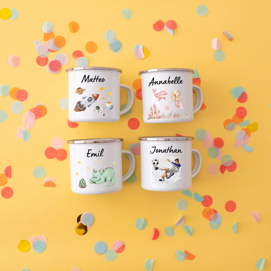 Tasse Fußball, Tasse Meerjungfrau, Tasse Drache, Emaille Tasse, Kinder Geschenke, Tasse für Kinder, Schulanfang, Campingbecher