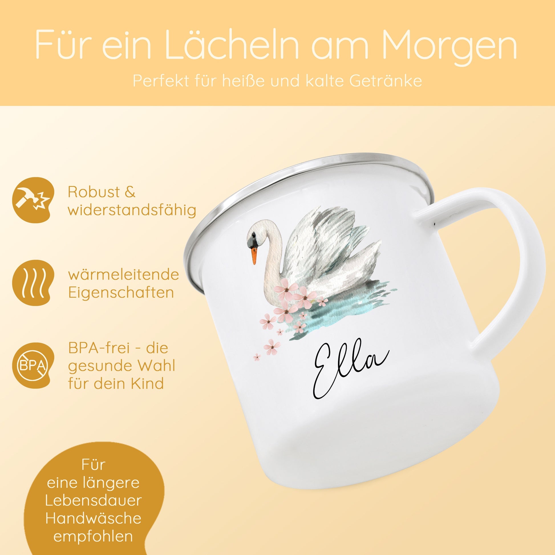 Tasse Schwan, Emaille Tasse Mädchen, Tasse Schultüte Mädchen, Schwan Becher Kinder, Tasse Blumen, Campingtasse, Namenstasse