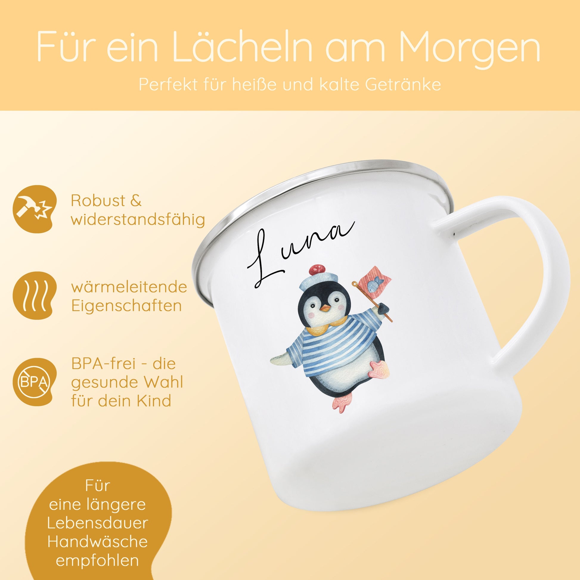 Tasse Pinguin, Emaille Tasse Pinguin, Pinguin Geschenk, Kindertasse Pinguin, Pinguin Geschirr, Namenstasse, Campingtasse, Campinggeschirr